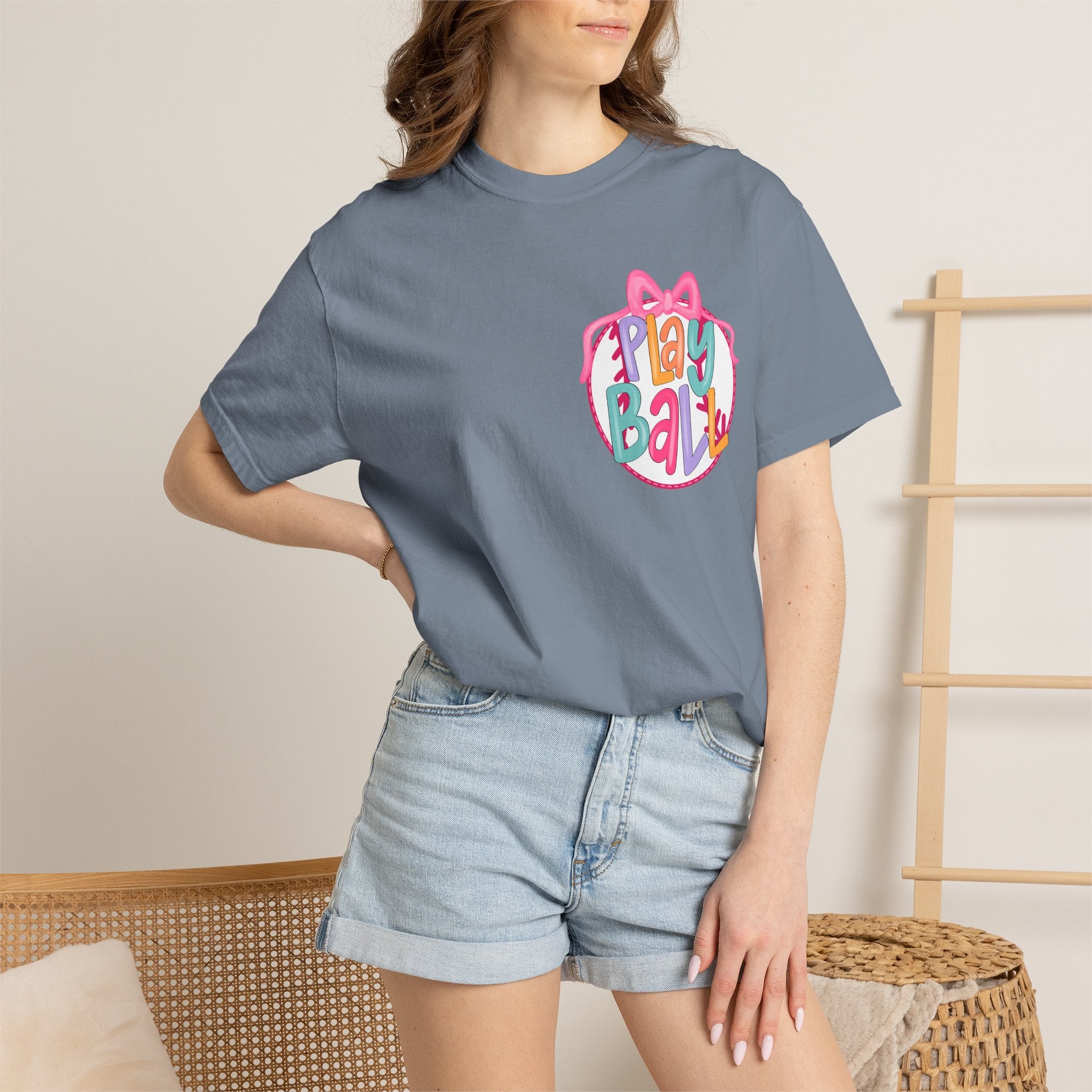 Softball Tee — "Play Ball" Front & "Pitch, Batter, Batter, Swing" Heart Back