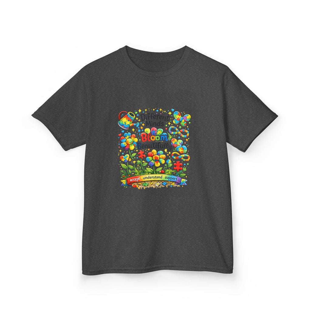Kids Tee — "Different Minds Bloom Beautifully" Rainbow Flower Autism Awareness Shirt