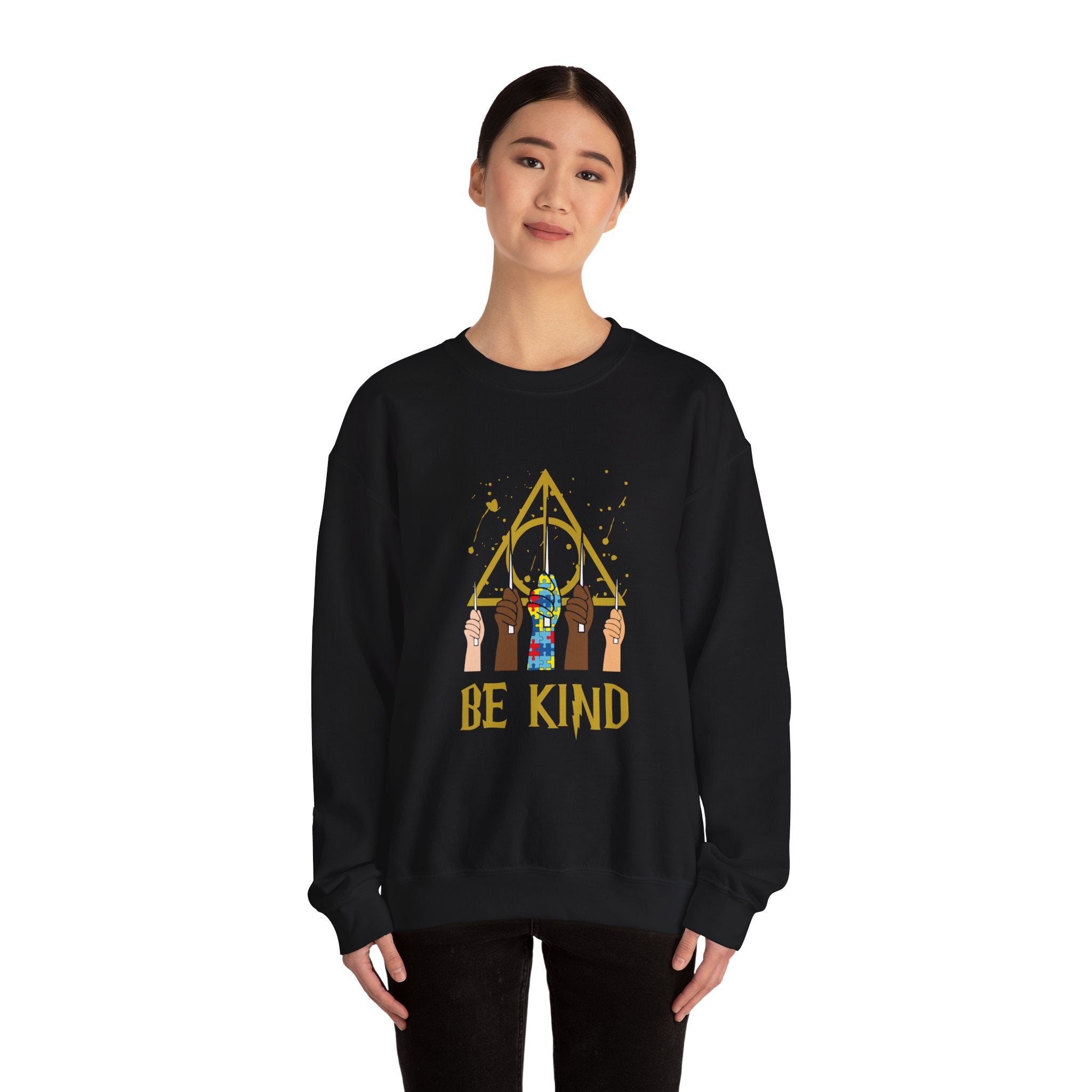 Be Kind Crewneck Sweatshirt – Inclusive Hands & Golden Emblem
