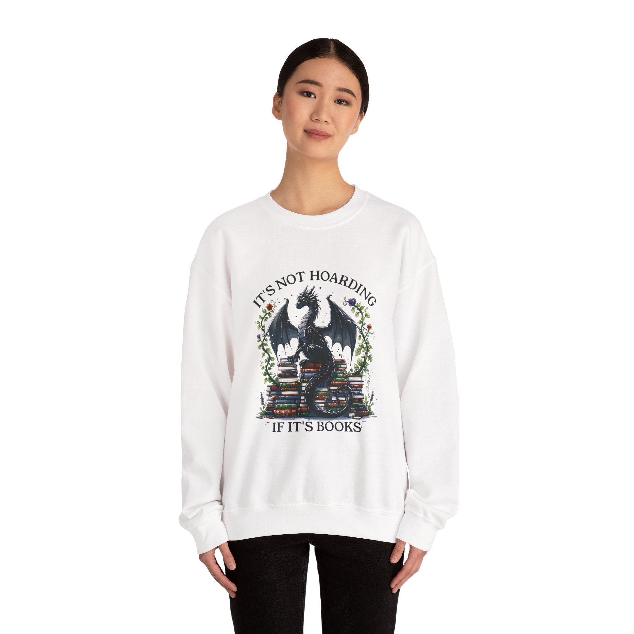 Book Dragon Crewneck Sweatshirt — "It's Not Hoarding If It's Books" Cozy Reader Pullover