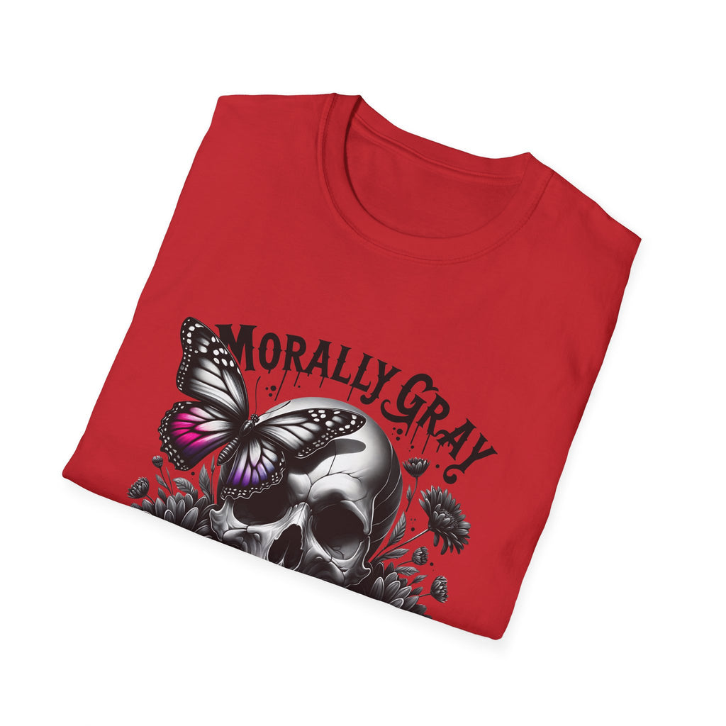 Morally Gray Skull T-Shirt — "Morally Gray and Proud of It" Gothic Butterfly Tee