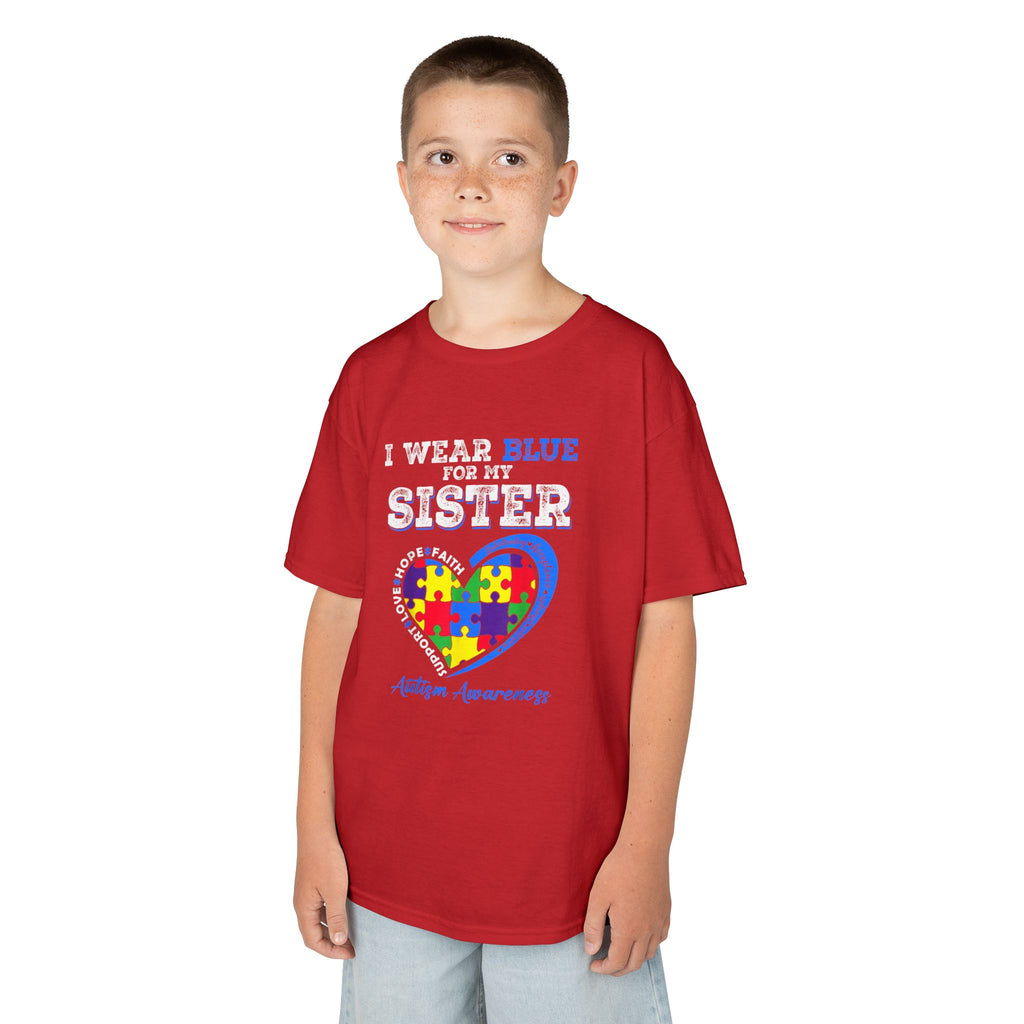 Autism Awareness Kids Tee — "I Wear Blue For My Sister" Puzzle Heart