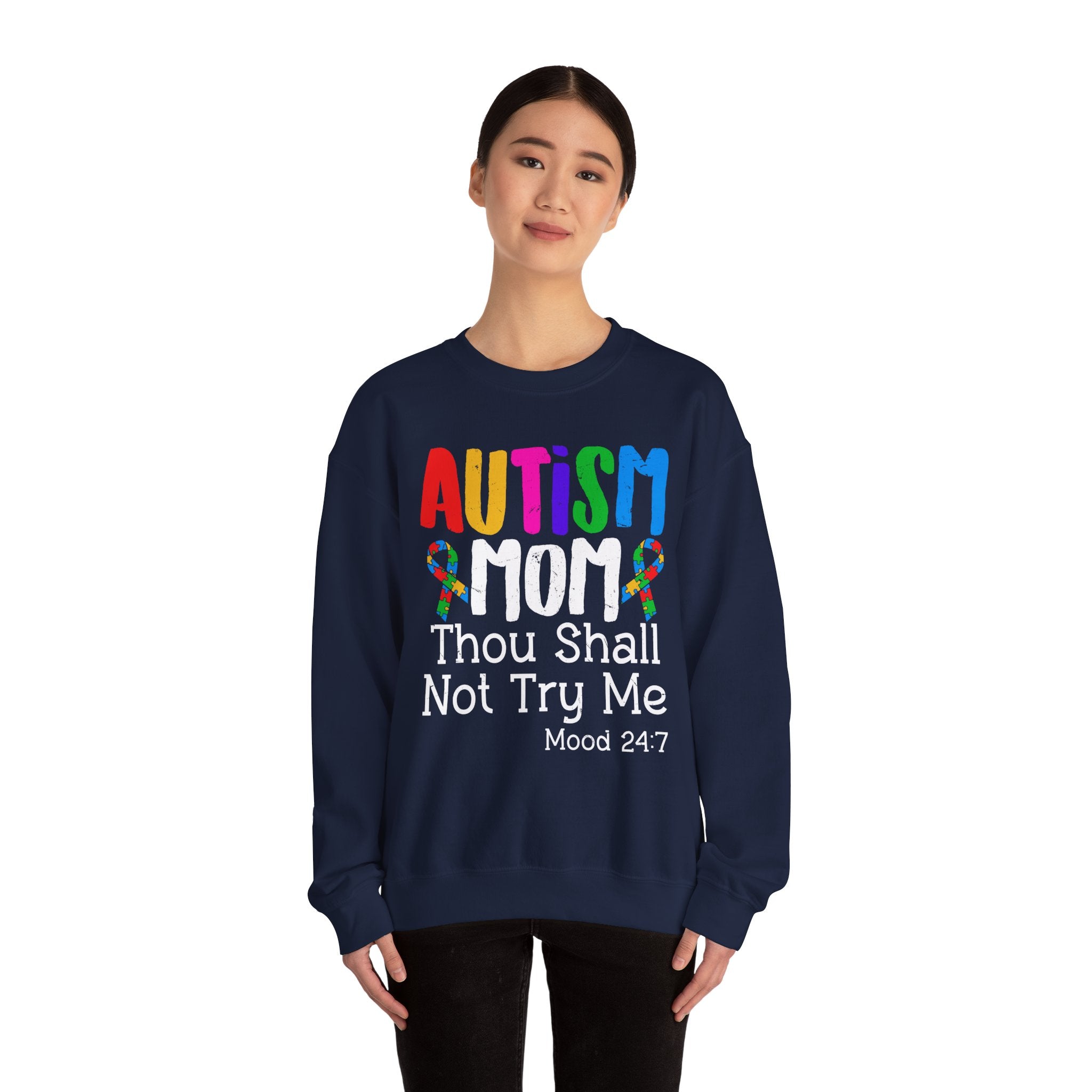 Autism Mom Crewneck Sweatshirt — "Thou Shall Not Try Me" Bold Rainbow Design