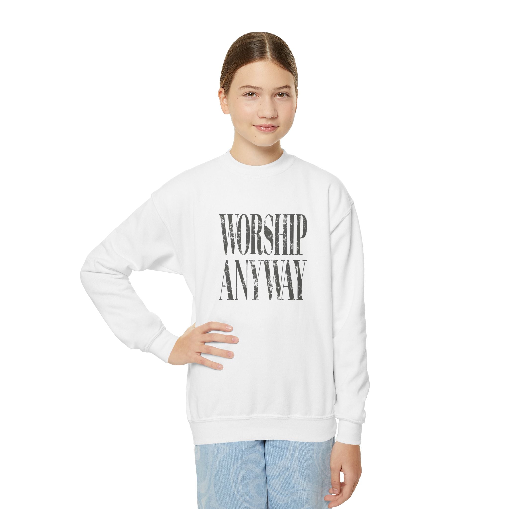 Youth Crewneck Sweatshirt – 'Worship Anyway' Inspirational Graphic Pullover