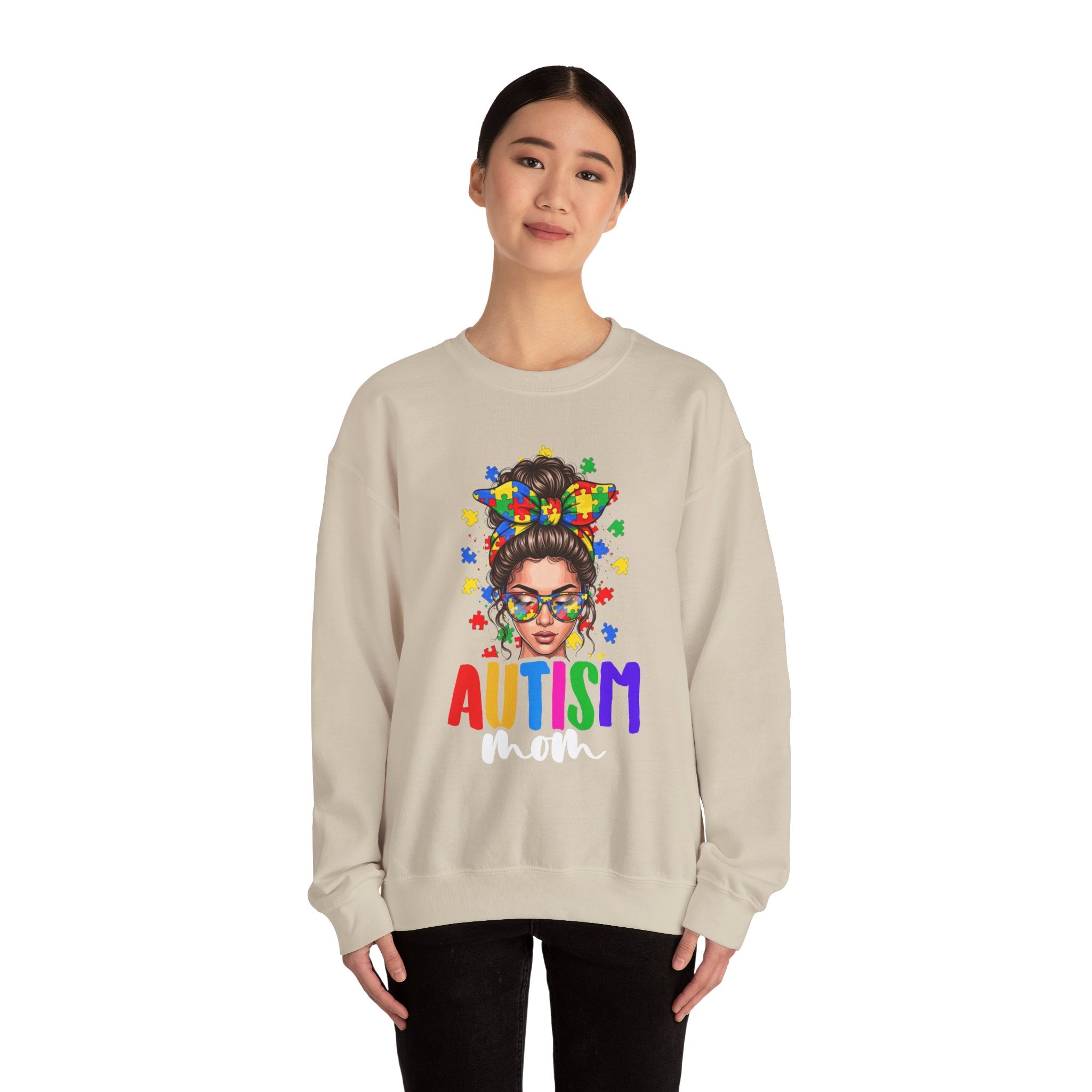 Autism Pride Crewneck Sweatshirt – Colorful Puzzle Ribbon Girl Design