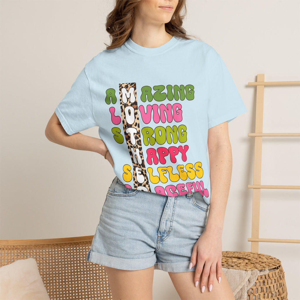 Mother Acrostic Graphic T-Shirt — Retro Bubble Letters & Leopard Accent