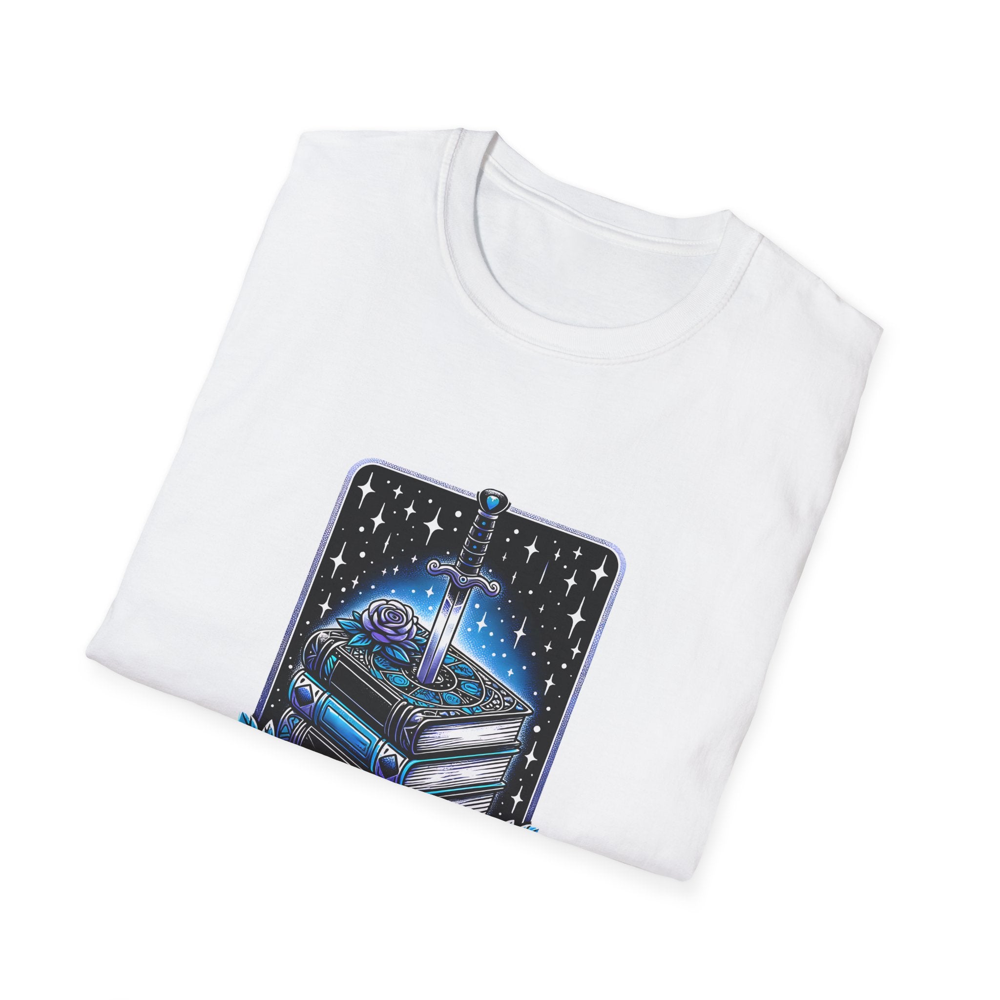 Fantasy Book Club T-Shirt — Stacked Books & Sword Night Sky Design