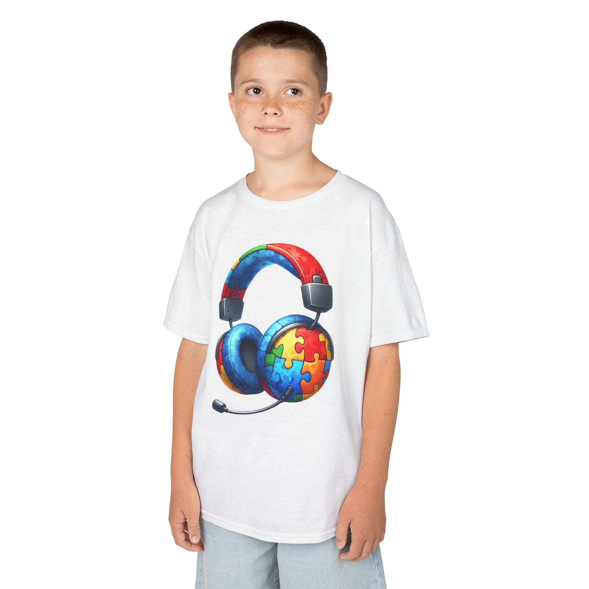 Kids Headset T‑Shirt with Puzzle Autism Awareness Design