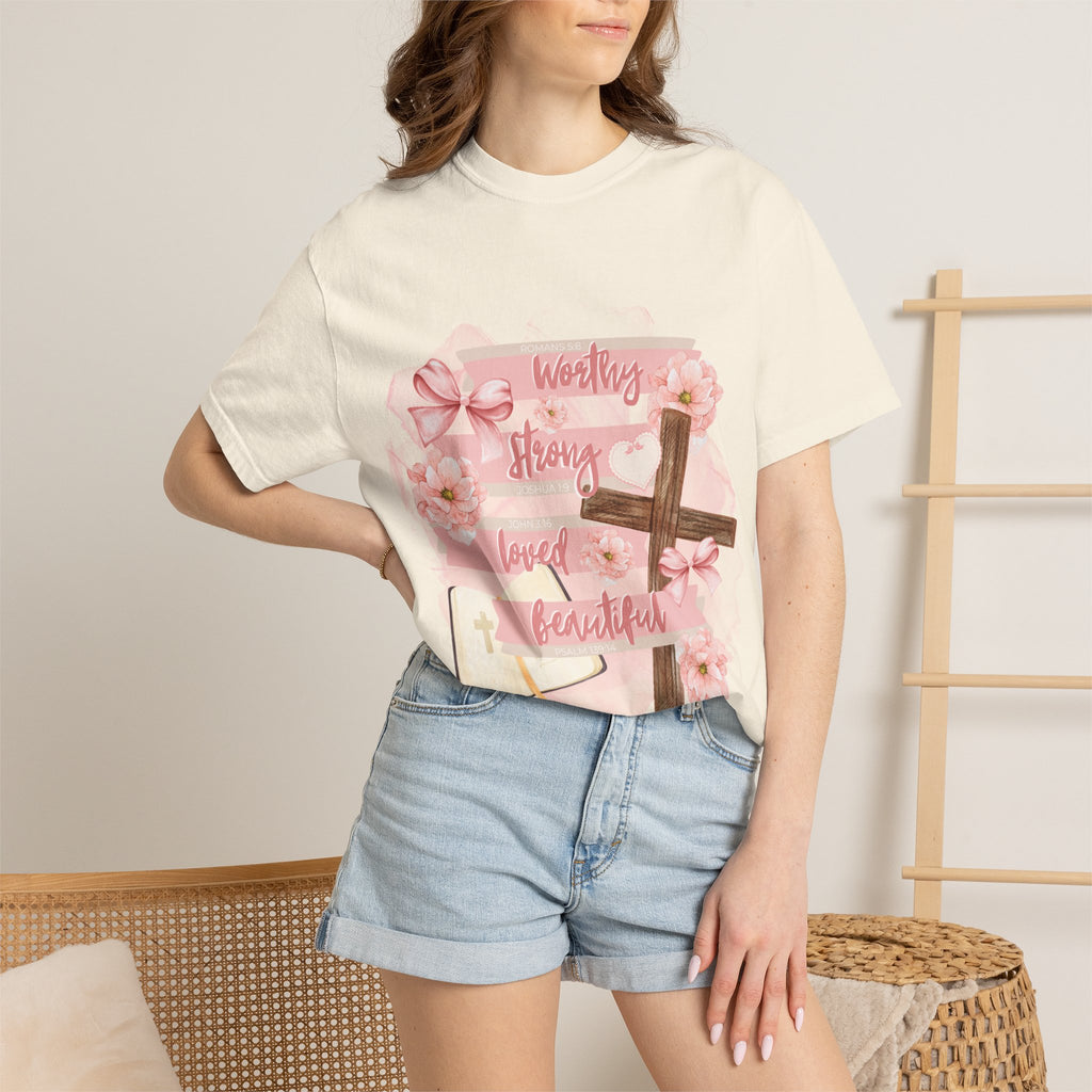 Christian Inspirational T-Shirt — "Worthy Strong Loved Beautiful" Cross & Bible Design