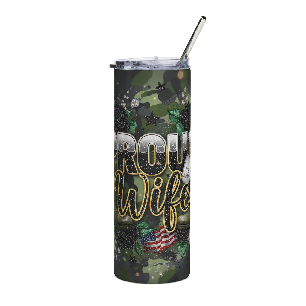 Proud Military Wife 20oz Stainless Steel Tumbler - Camo Flag Design