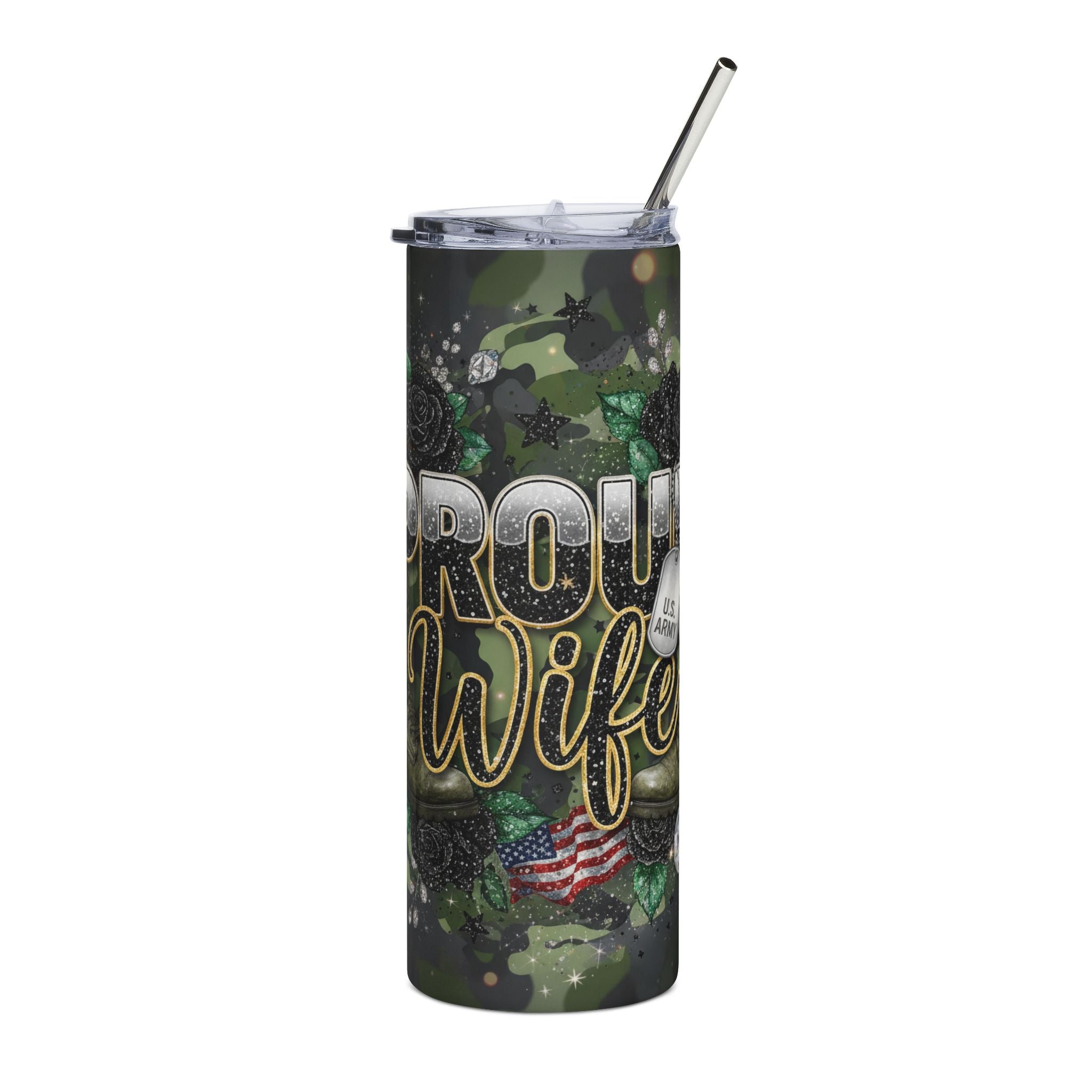 Proud Military Wife 20oz Stainless Steel Tumbler - Camo Flag Design