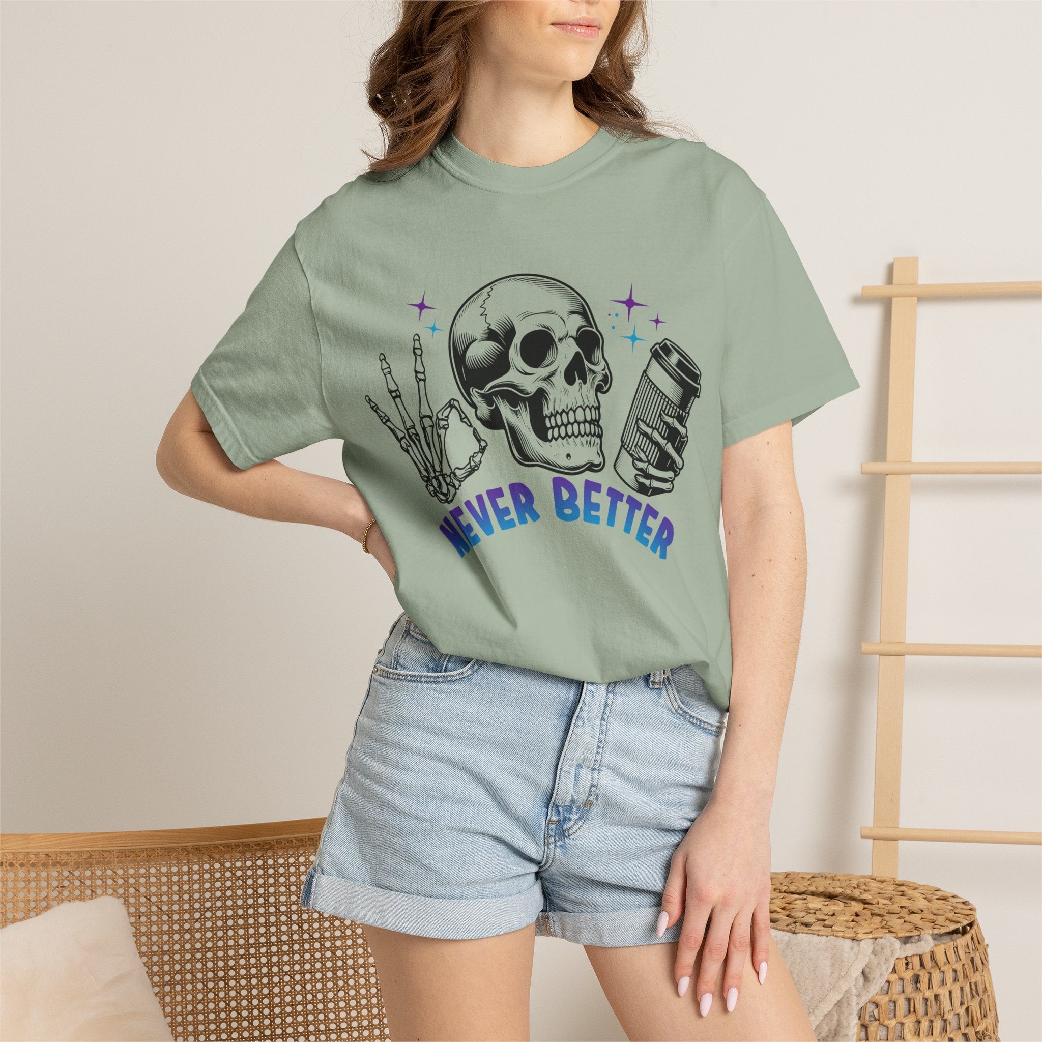 Never Better Skull T-Shirt — Vintage Skull Holding Can Graphic Tee