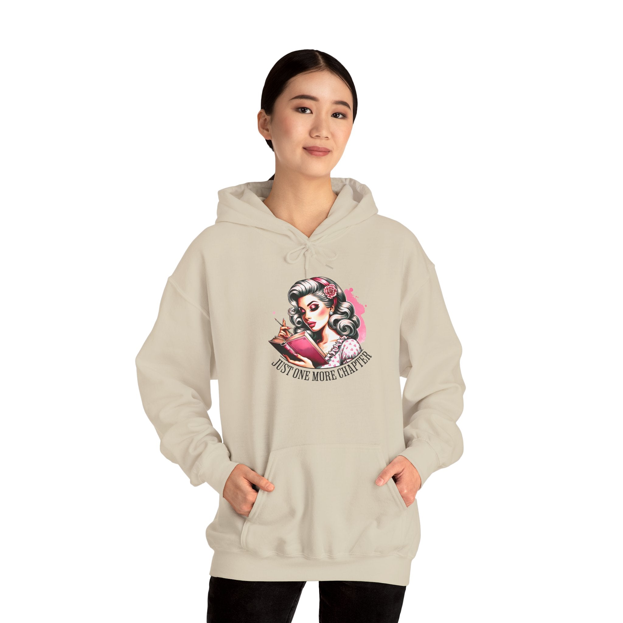 Hoodie — Retro Pin-Up Reader “Just One More Chapter” Cozy Book Lover Sweatshirt