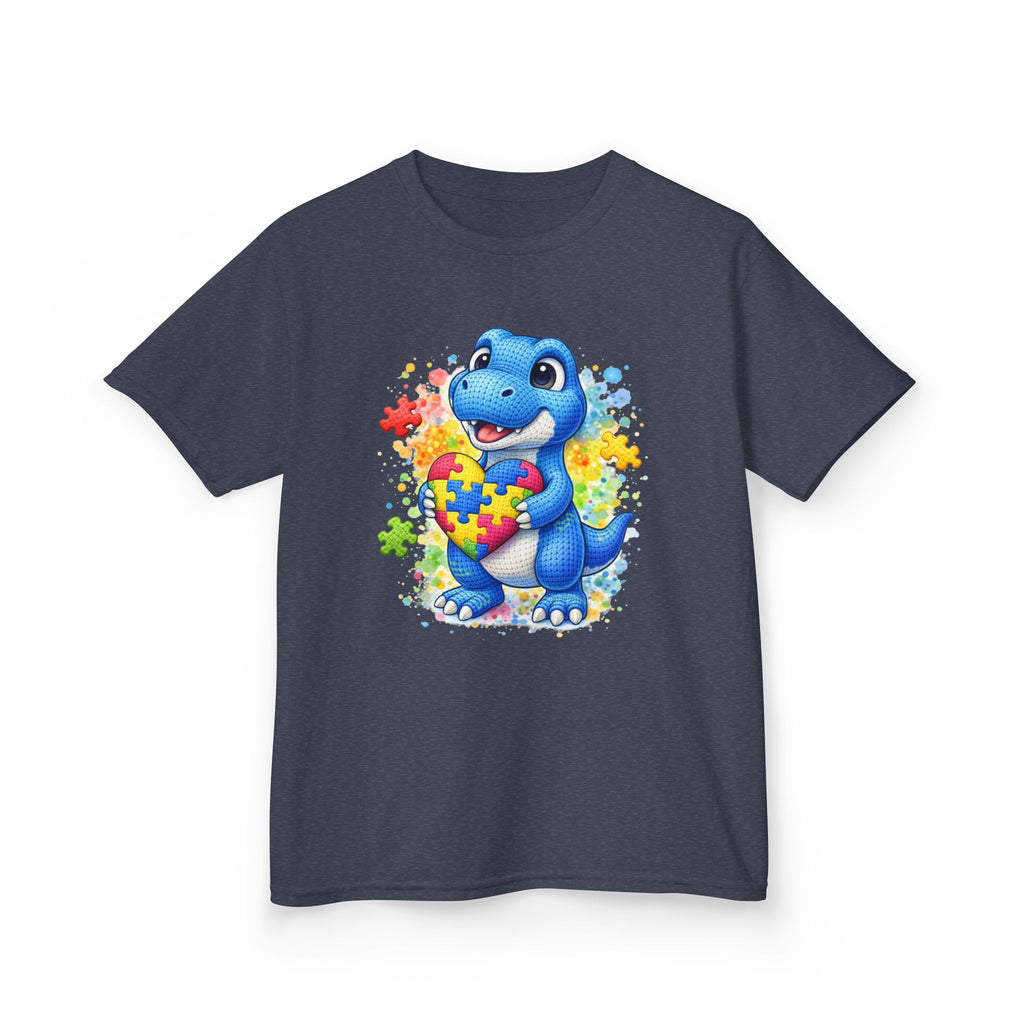Kids T‑Shirt — Cute Blue Dinosaur Holding Puzzle Heart (Autism Awareness)