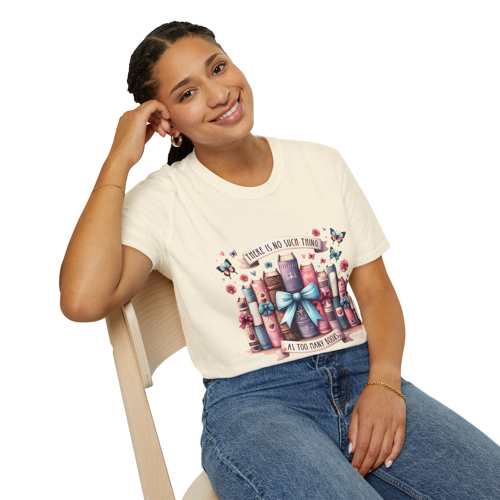 Book Lover T-Shirt — "There Is No Such Thing As Too Many Books" Illustrated Stack Design