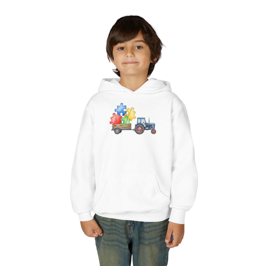 Kids Tractor Hoodie with Colorful Puzzle Pieces — Autism Awareness Youth Sweatshirt