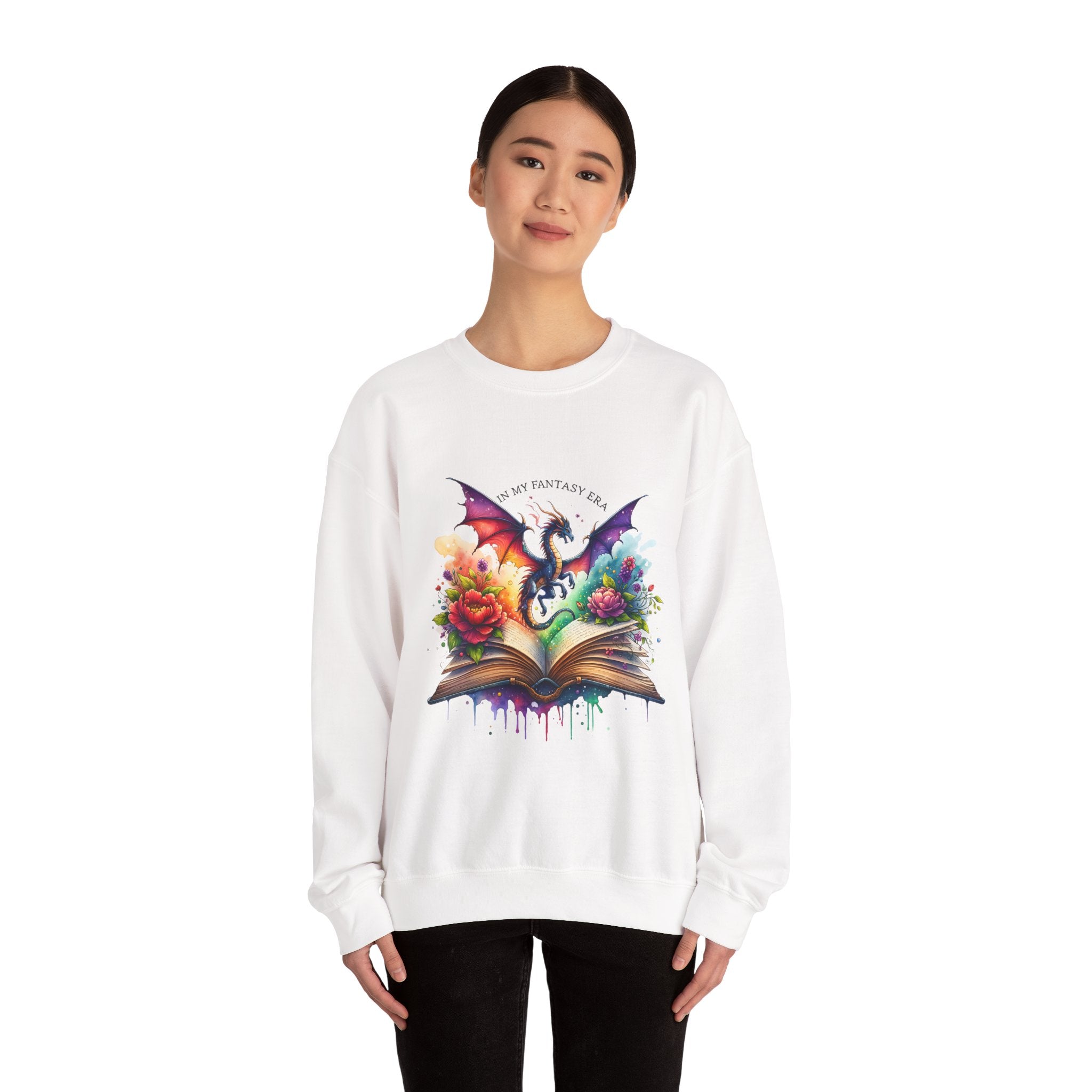 Crewneck Sweatshirt — Fantasy Dragon Emerging From Open Book with Flowers