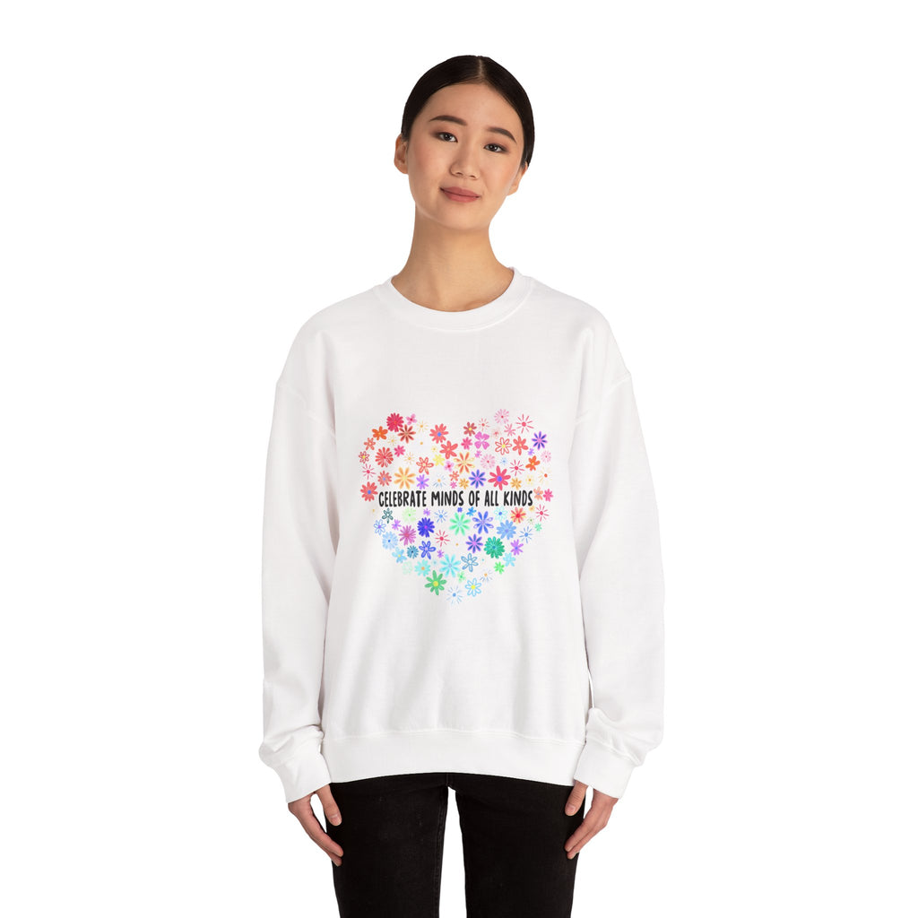 Crewneck Sweatshirt — "Celebrate Minds of All Kinds" Rainbow Floral Heart, Neurodiversity Pride Gift