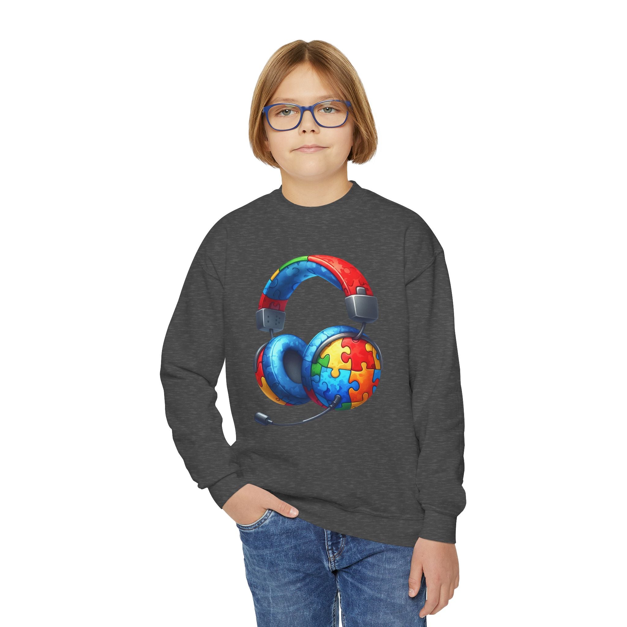 Youth Crewneck Sweatshirt — Colorful Headphones with Puzzle Heart Graphic (Autism Awareness)