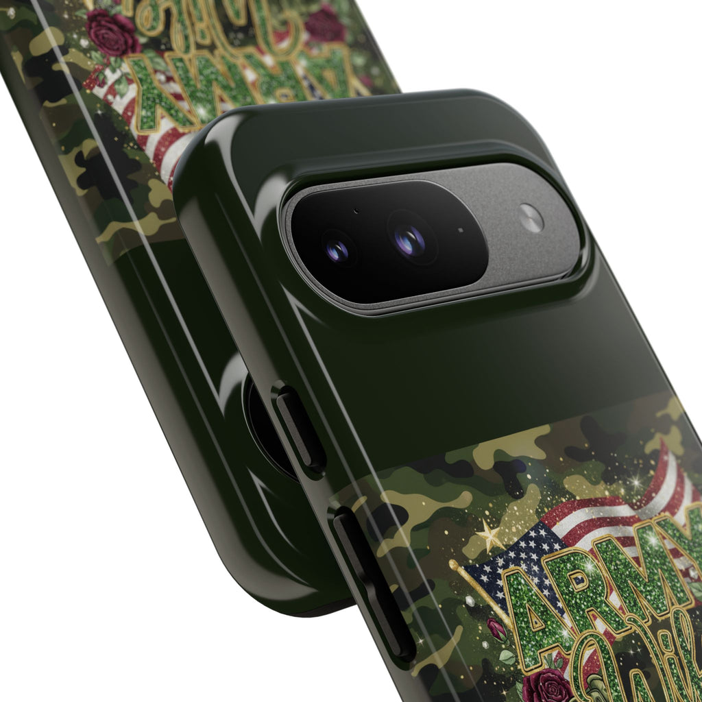 Army Wife Tough Phone Case — Camo Flag Design with Roses