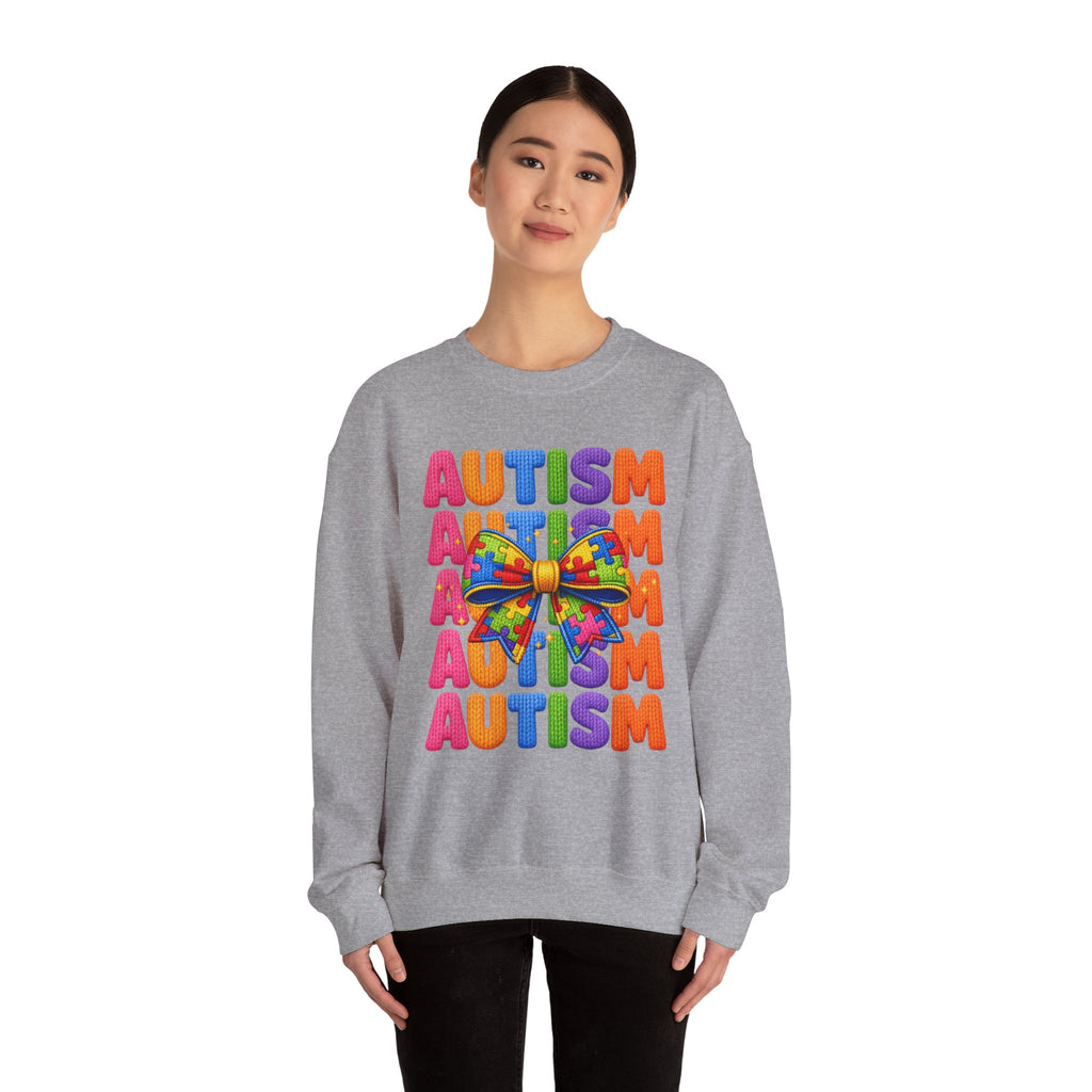 Autism Awareness Crewneck Sweatshirt — Colorful Puzzle Bow Design