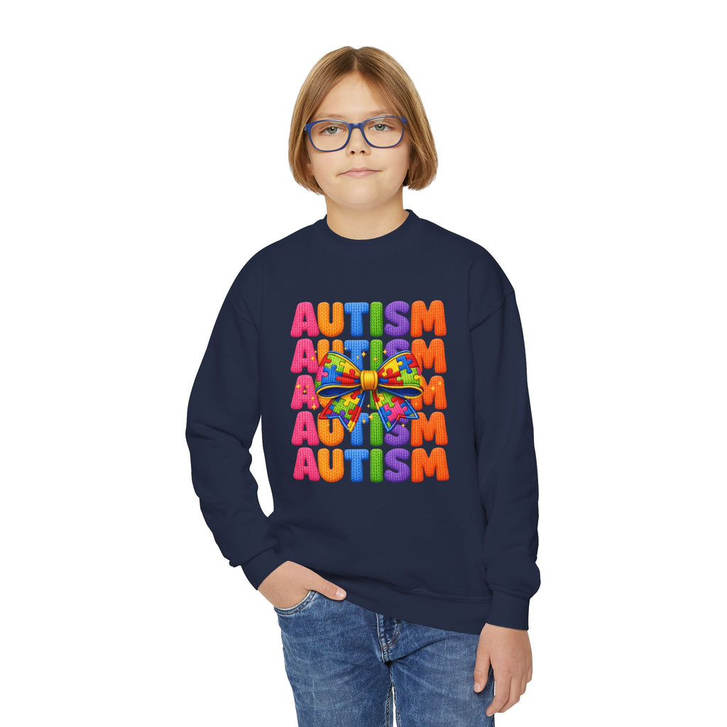 Youth Autism Awareness Crewneck Sweatshirt – Colorful Puzzle Ribbon Design