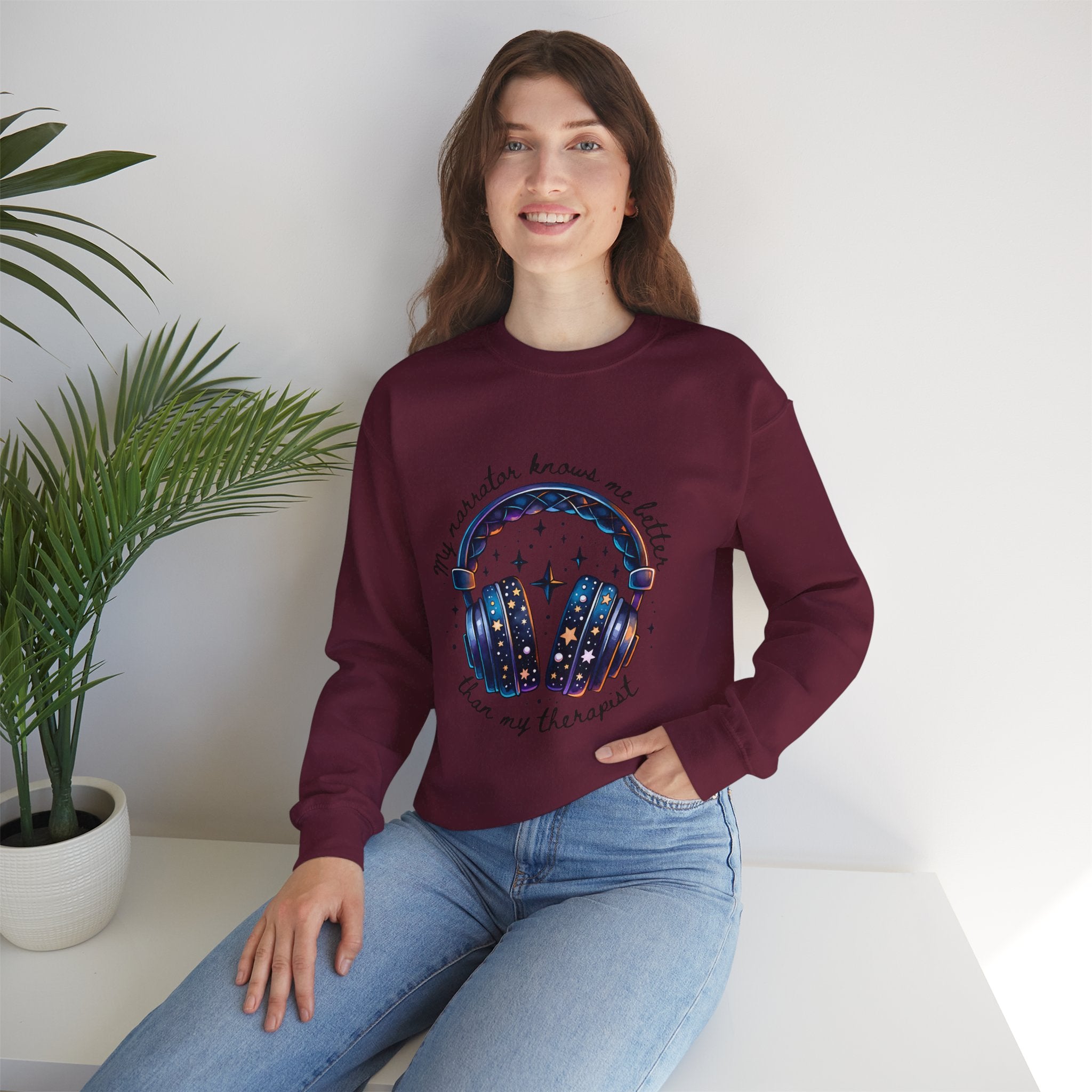 Sweatshirt — “My Navigator Knows Me Better Than My Therapist” Cosmic Headphones Crewneck