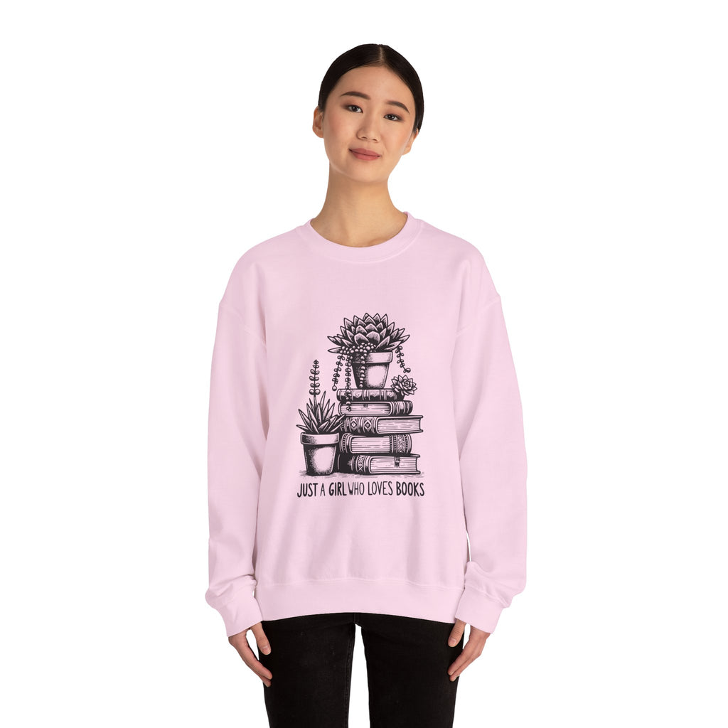 Book Lover Sweatshirt — “Just a Girl Who Loves Books” Cozy Crewneck with Succulent Stack Design