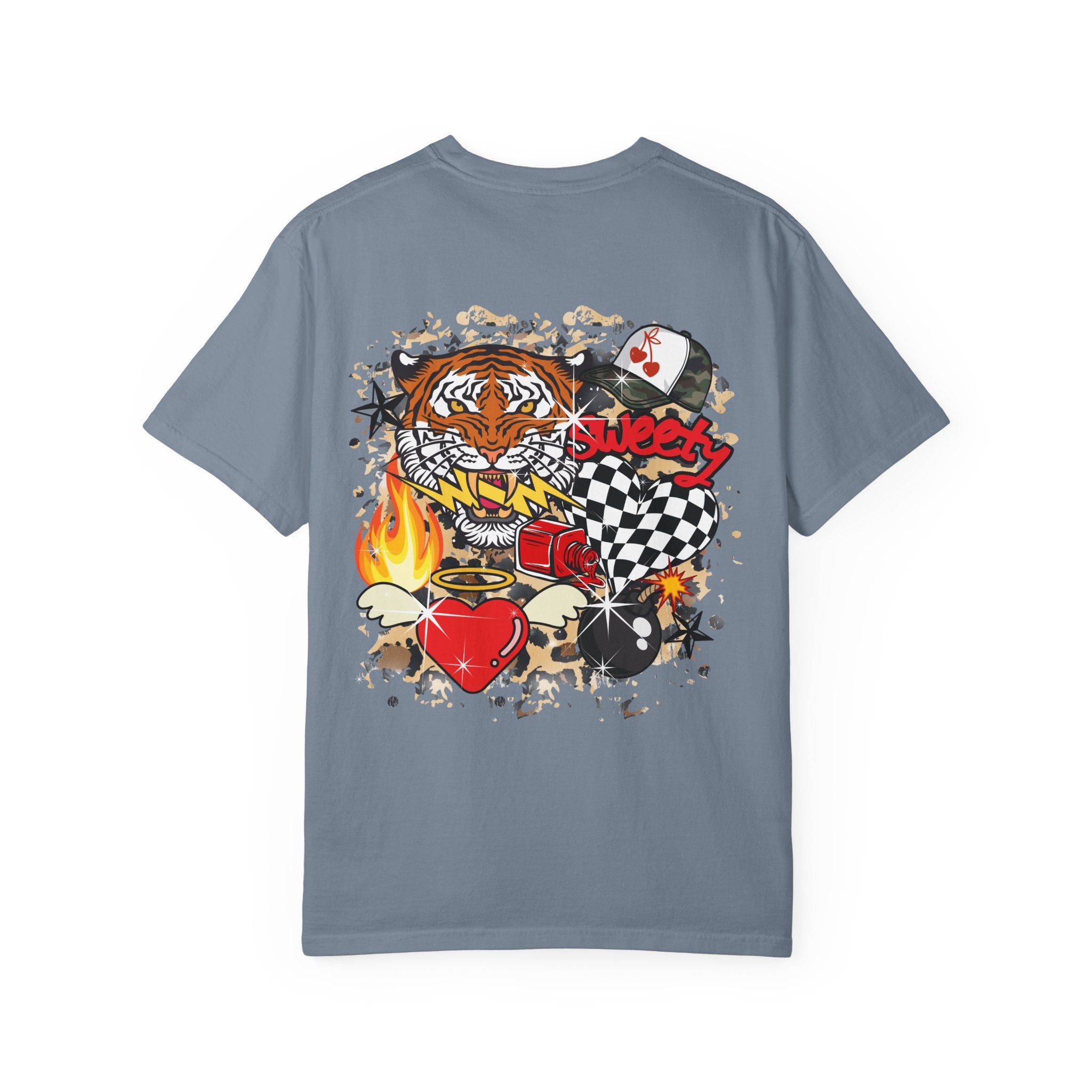Graphic T-Shirt — Checker Heart & Tiger Collage Design