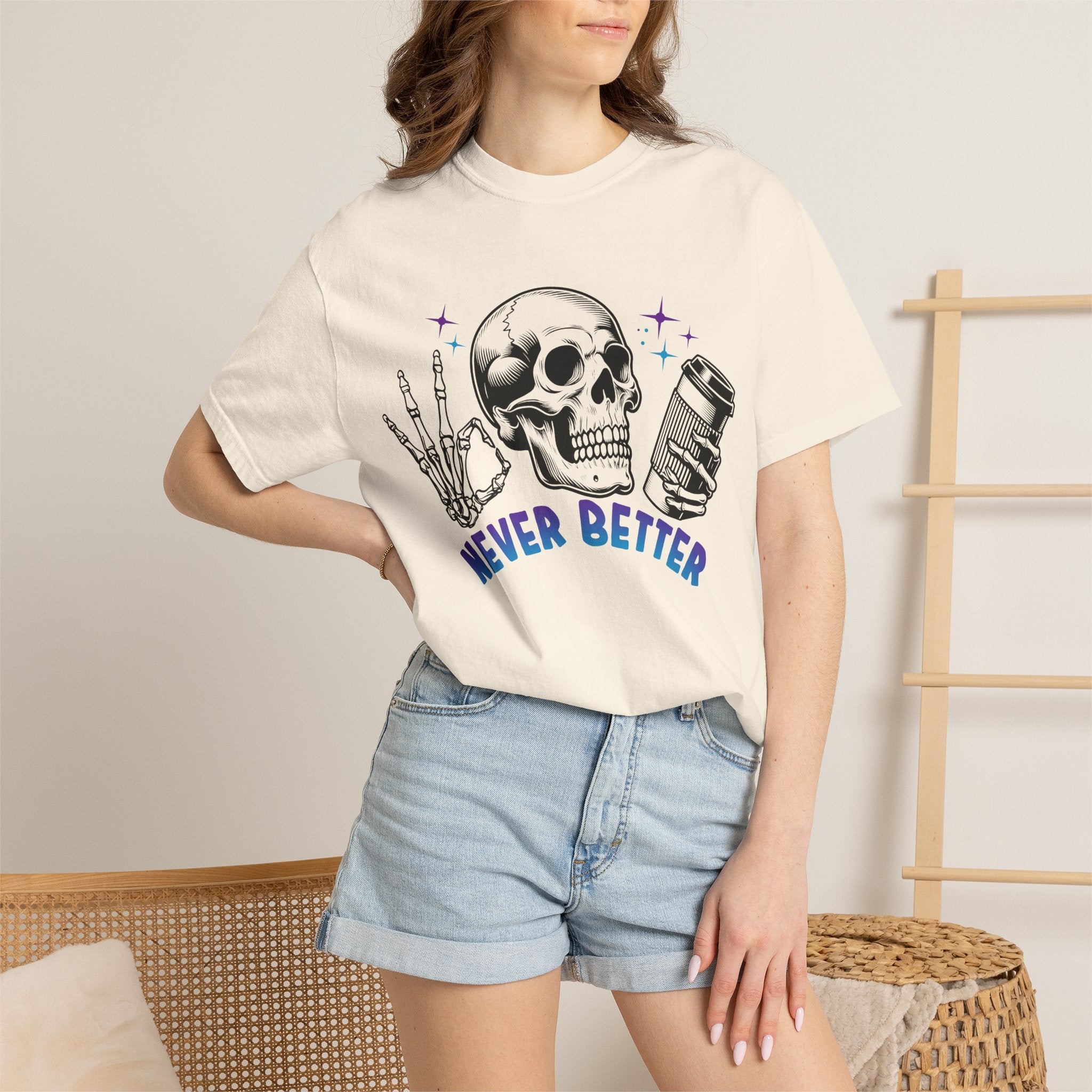 Never Better Skull T-Shirt — Vintage Skull Holding Can Graphic Tee