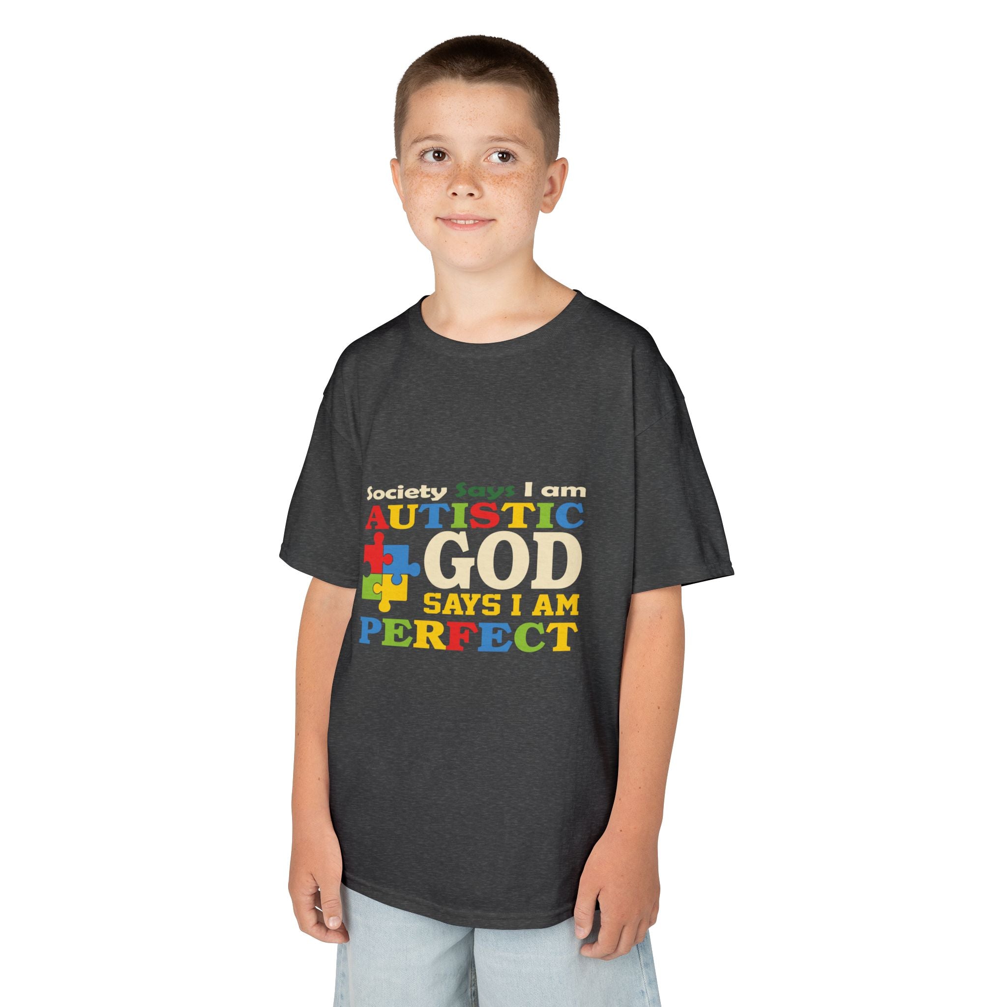 Kids Tee — "Autistic Says God Says I Am Perfect" Rainbow Puzzle Piece Autism Awareness Shirt