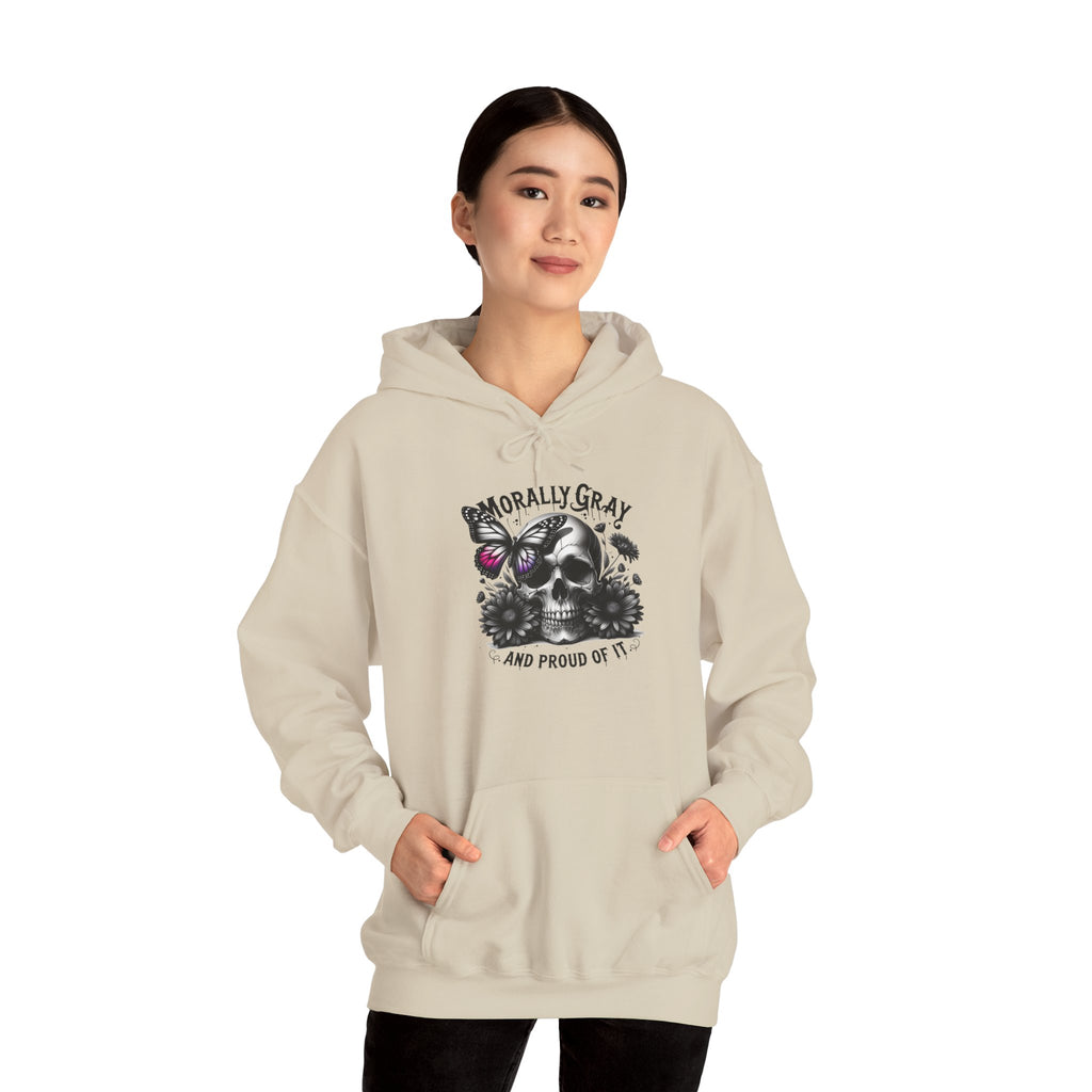 Hoodie — "Morally Gray and Proud of It" Skull & Butterfly Graphic