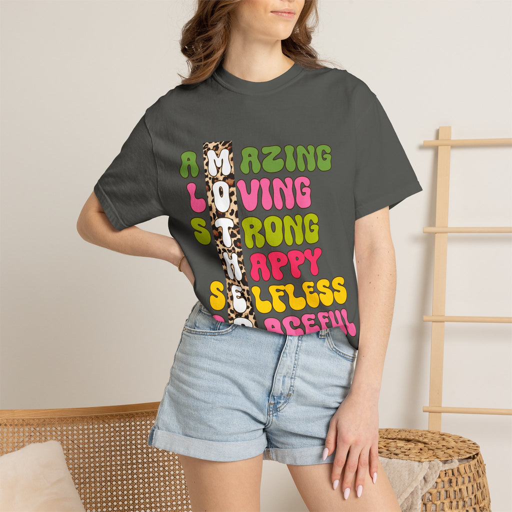 Mother Acrostic Graphic T-Shirt — Retro Bubble Letters & Leopard Accent