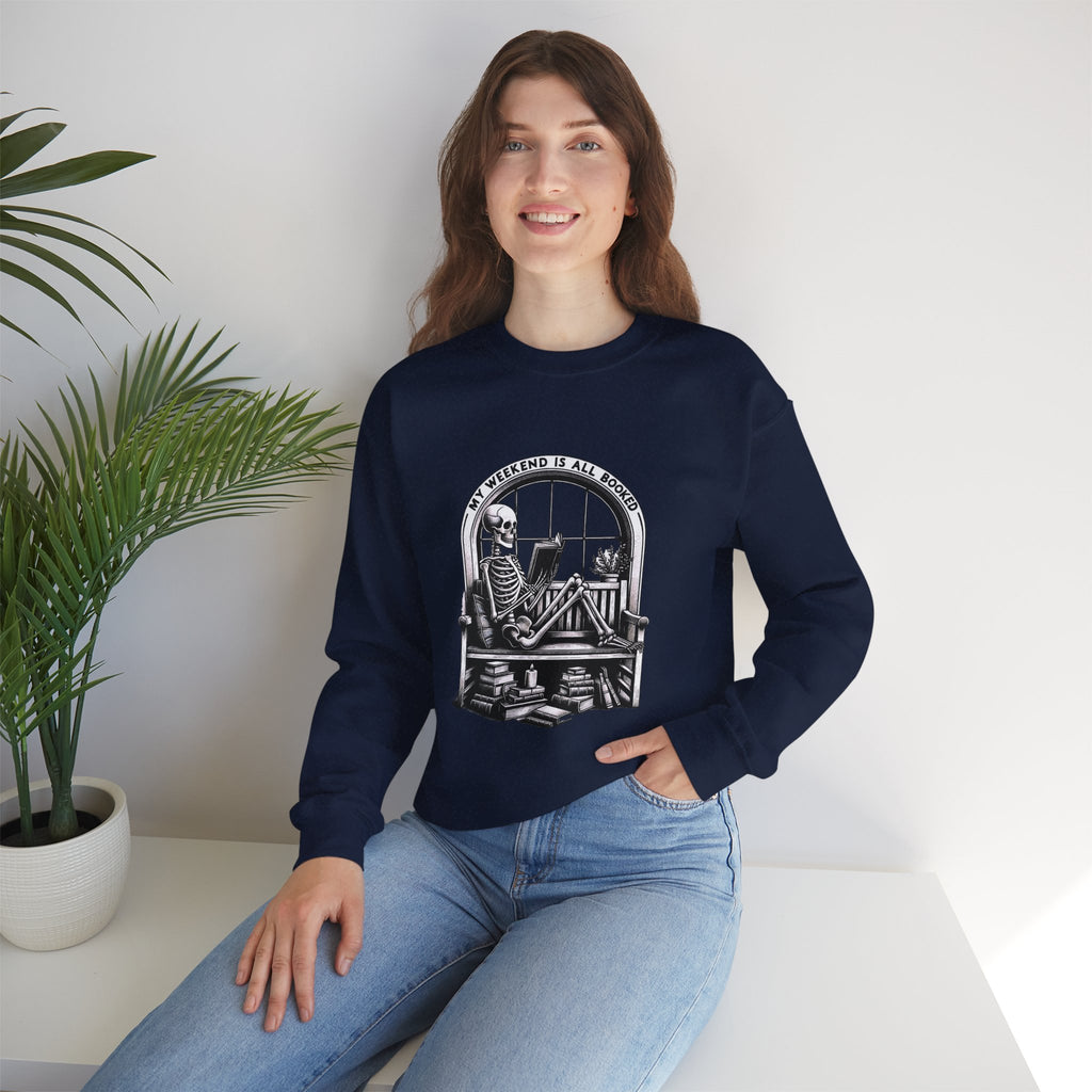 Skeleton Reading Sweatshirt — "My Weekend Is All Booked" Cozy Crewneck