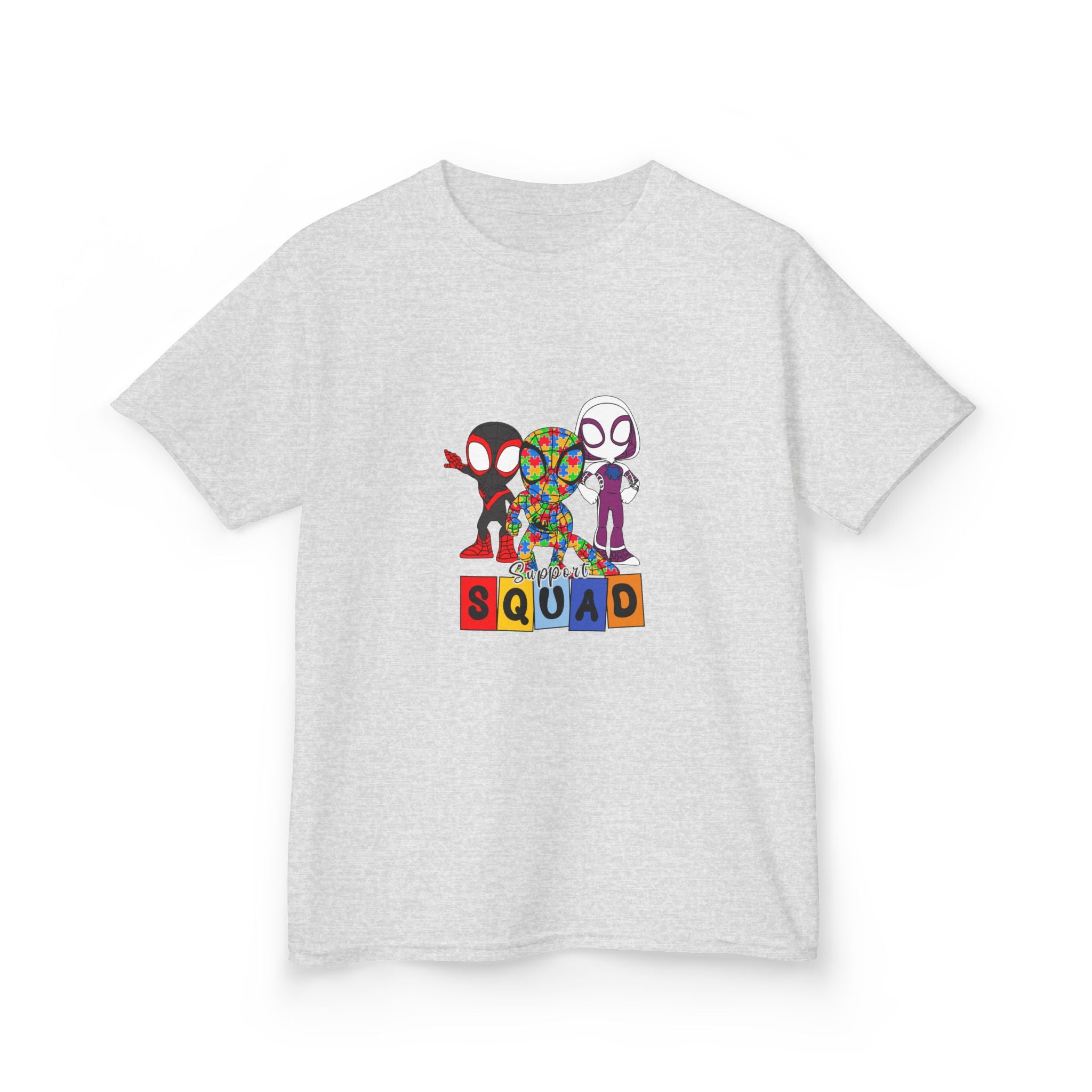 Kids T‑Shirt — 'SQUAD' Spider Heroes Block-Style Graphic