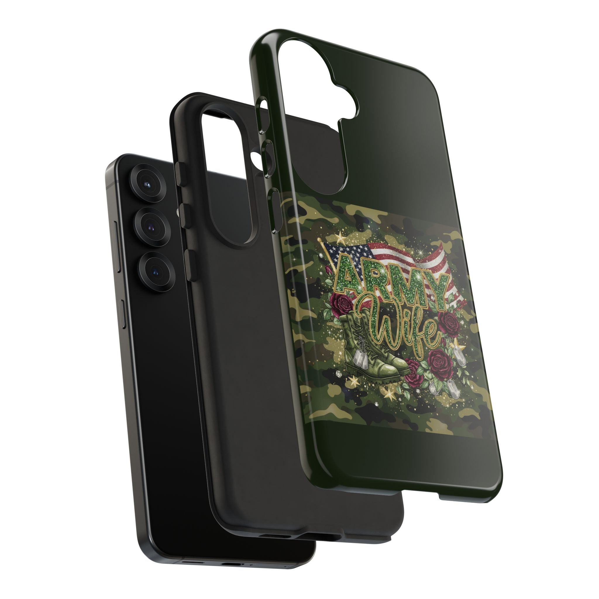 Army Wife Tough Phone Case — Camo Flag Design with Roses