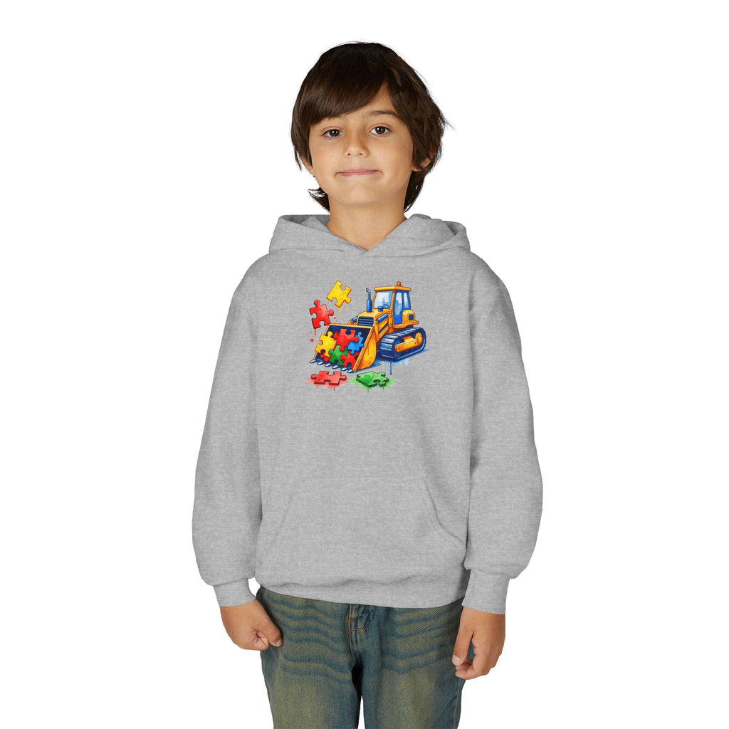 Youth Puzzle Bulldozer Hoodie — Kids Construction Truck Sweatshirt