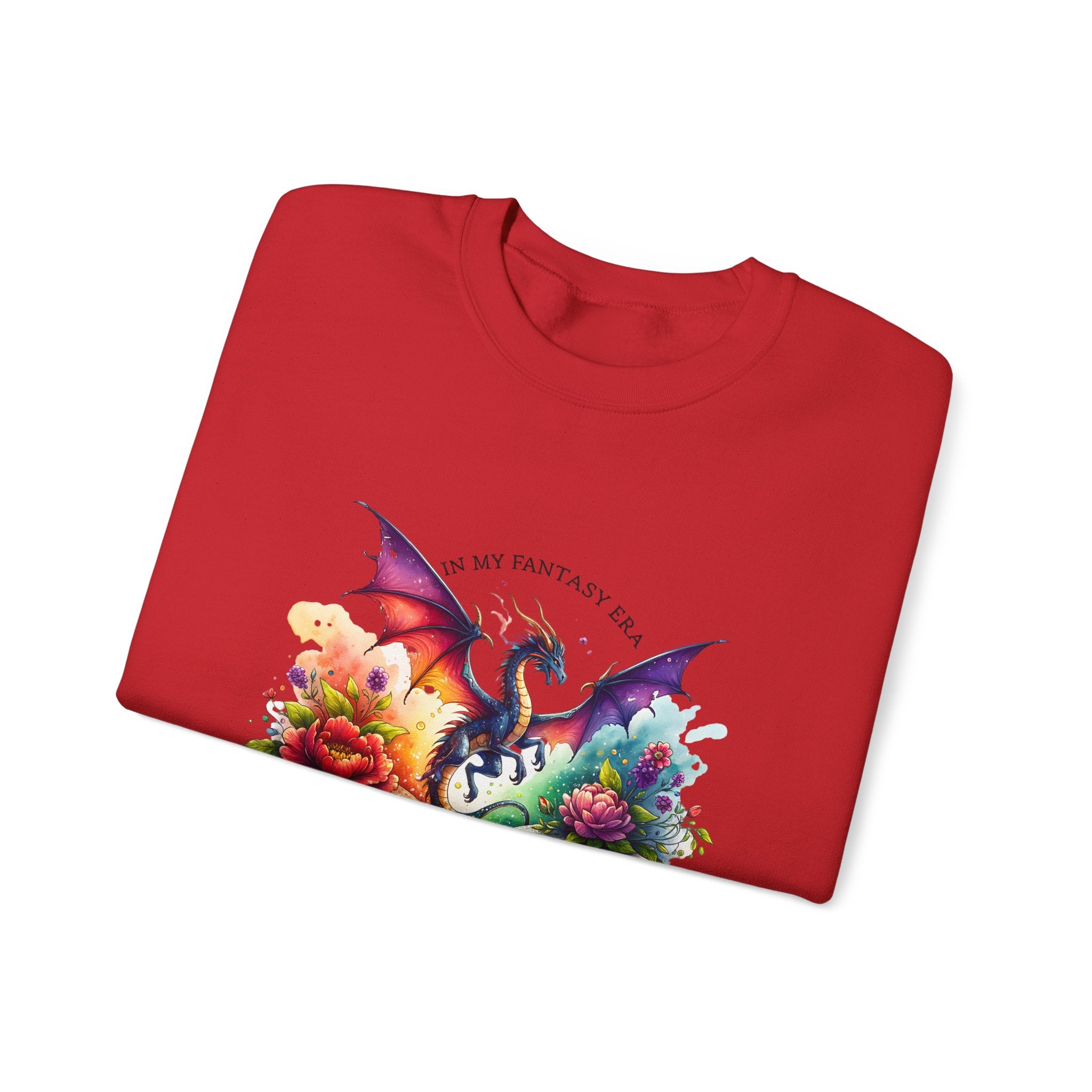 Crewneck Sweatshirt — Fantasy Dragon Emerging From Open Book with Flowers