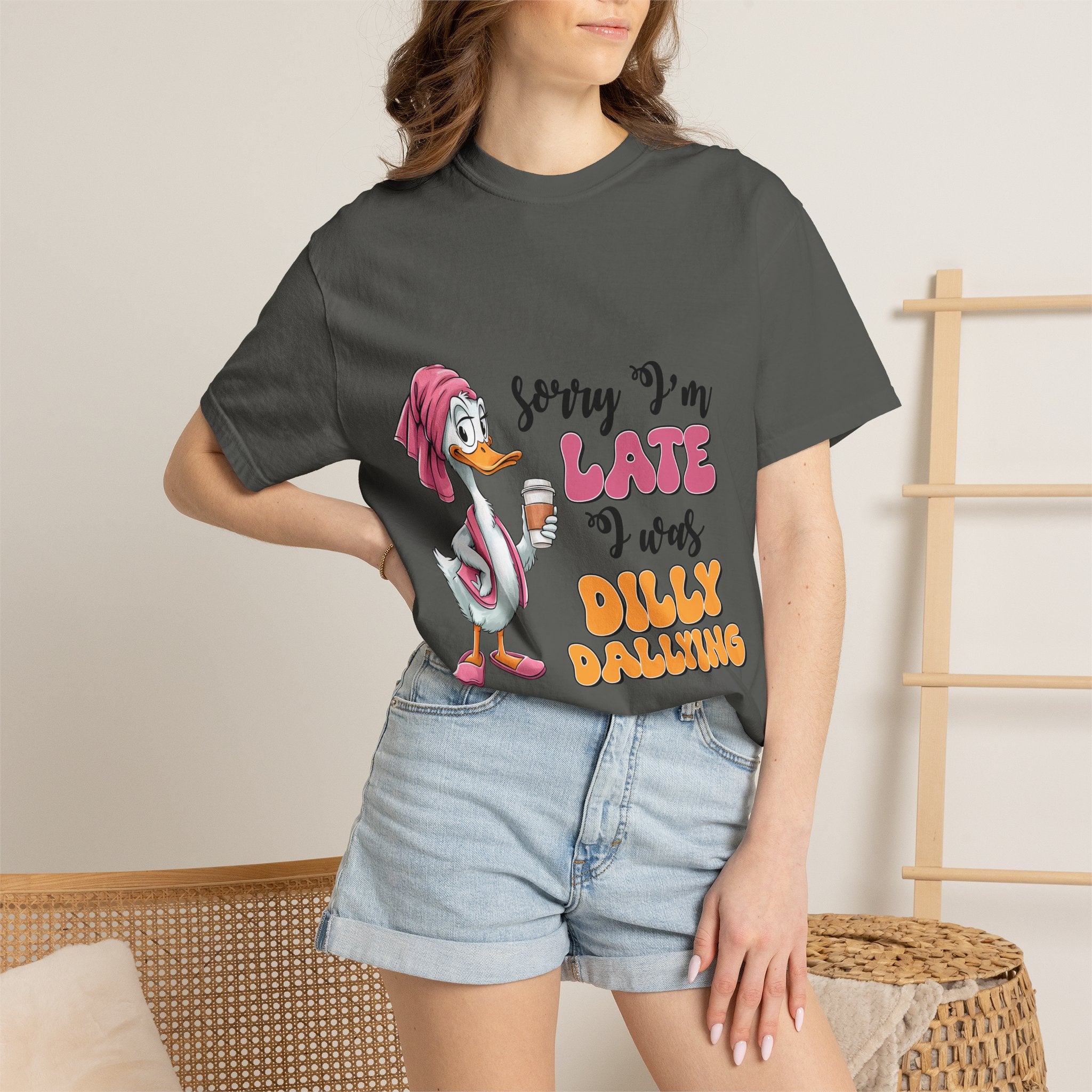 Funny Duck T-Shirt — "Sorry I'm Late I Was Dilly Dallying" Cartoon Tee