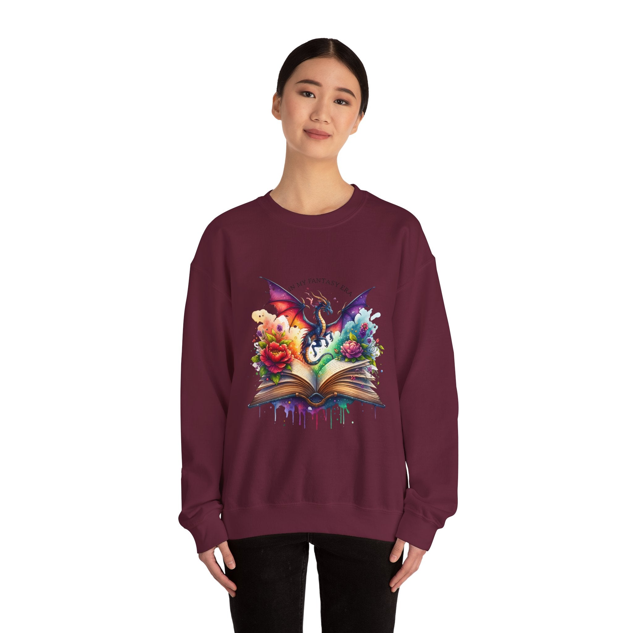 Crewneck Sweatshirt — Fantasy Dragon Emerging From Open Book with Flowers
