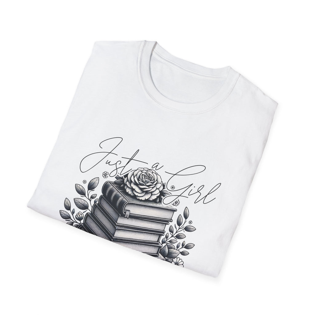 Book Lover T-Shirt — "Just a Girl Who Loves Books" Floral Stack Design