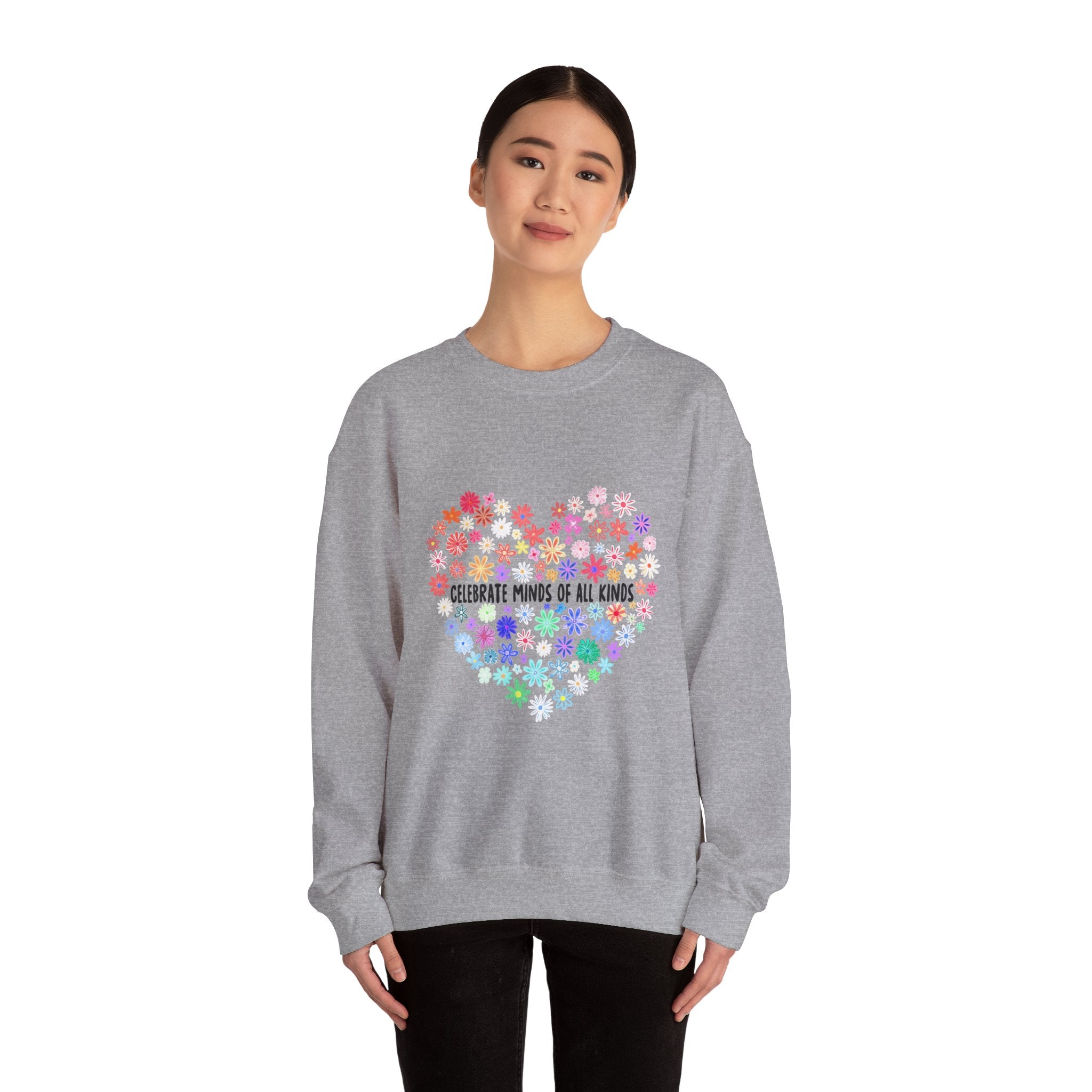 Crewneck Sweatshirt — "Celebrate Minds of All Kinds" Rainbow Floral Heart, Neurodiversity Pride Gift
