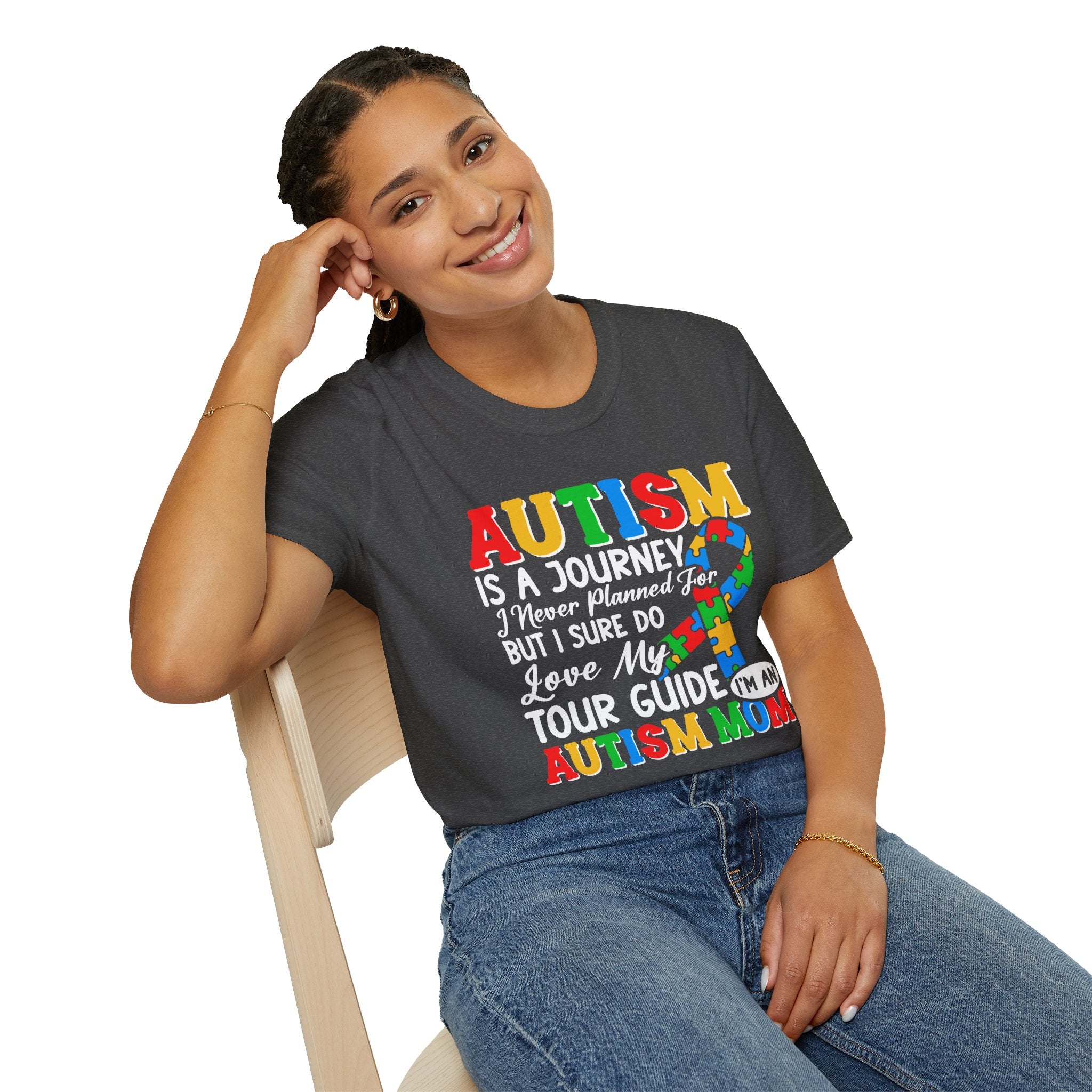 Autism Mom T-Shirt – “Autism Is a Journey…I Love My Tour Guide” Puzzle Ribbon Tee