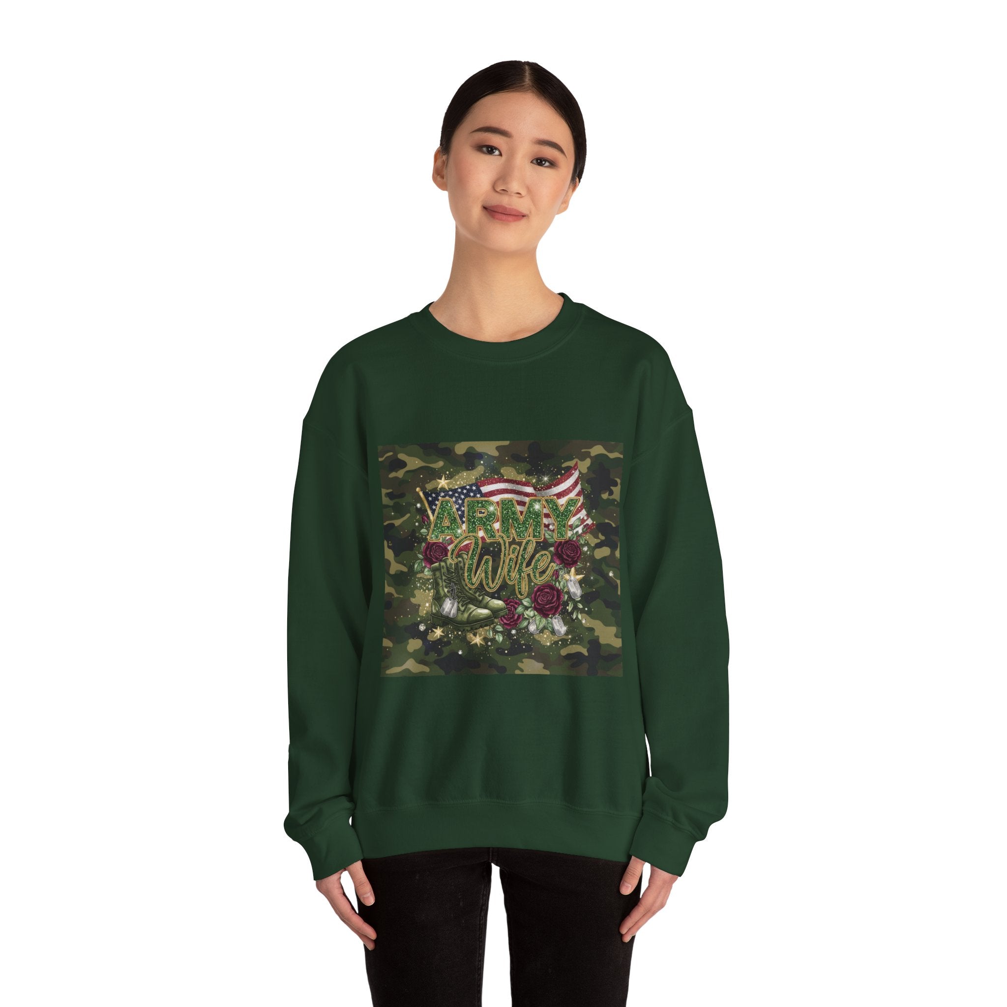 Army Wife Camo Sweatshirt - American Flag Floral Military Crewneck
