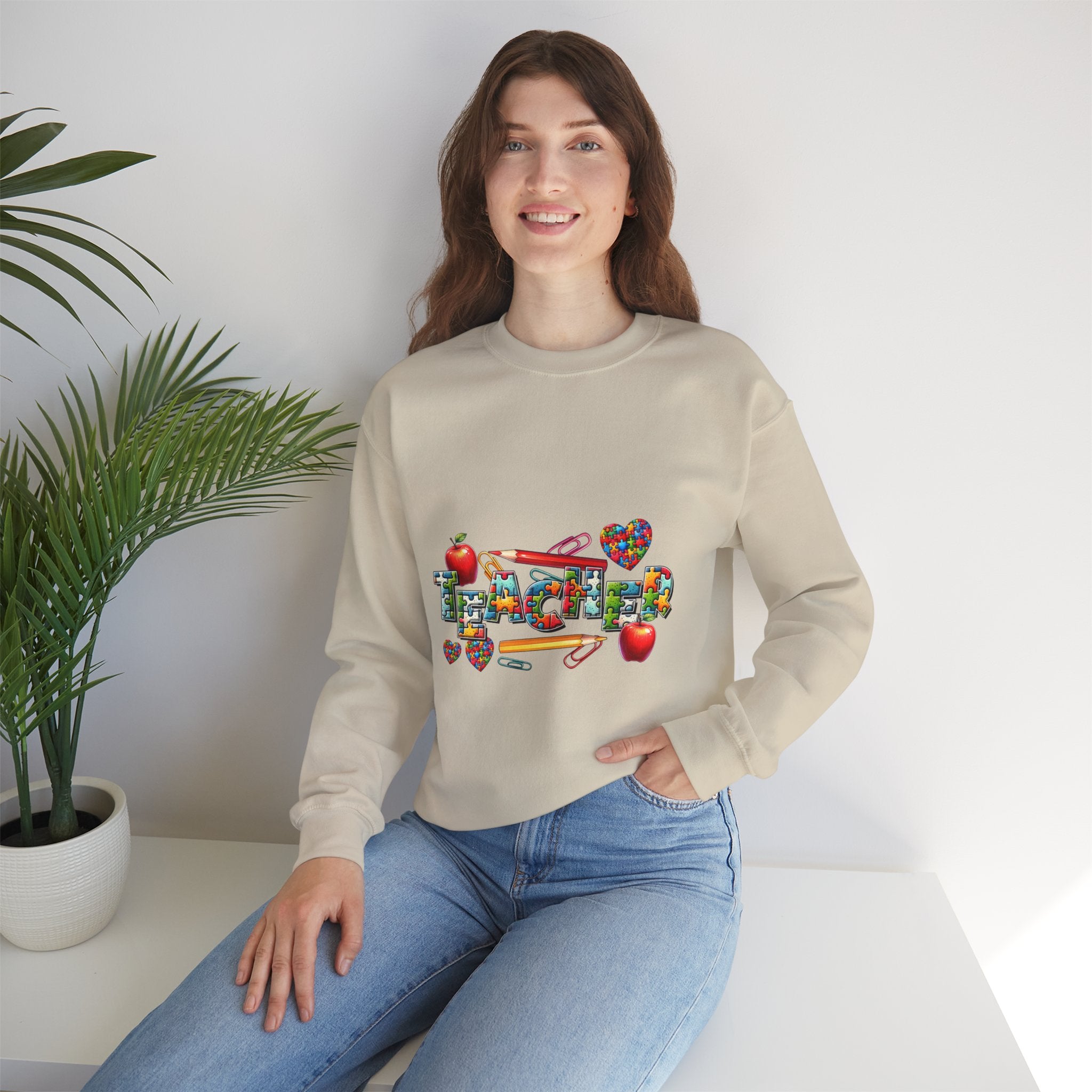 Teacher Crewneck Sweatshirt — Colorful Apple & School Supply Design
