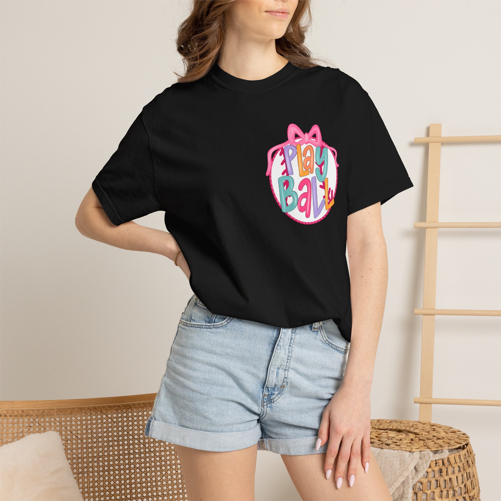 Softball Tee — "Play Ball" Front & "Pitch, Batter, Batter, Swing" Heart Back