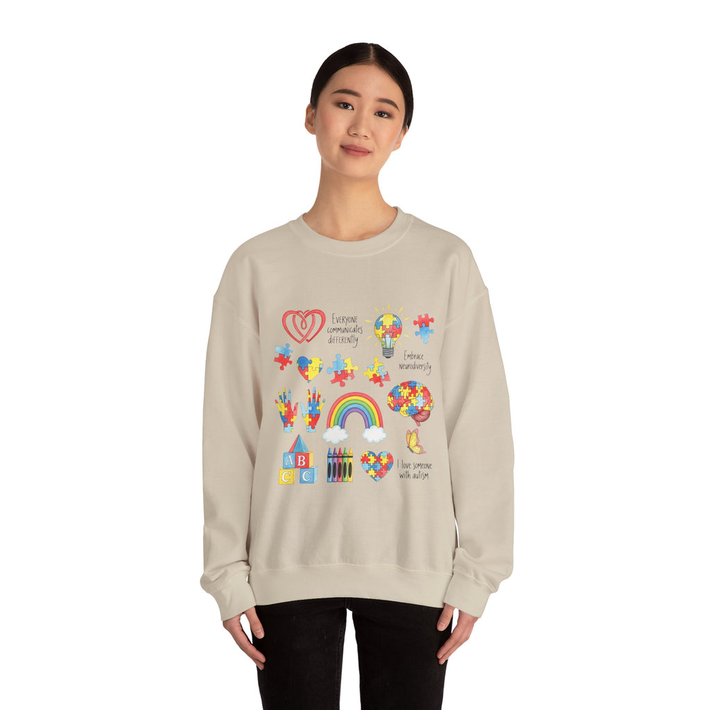 Autism Awareness Crewneck Sweatshirt — Puzzle Heart Rainbow Design