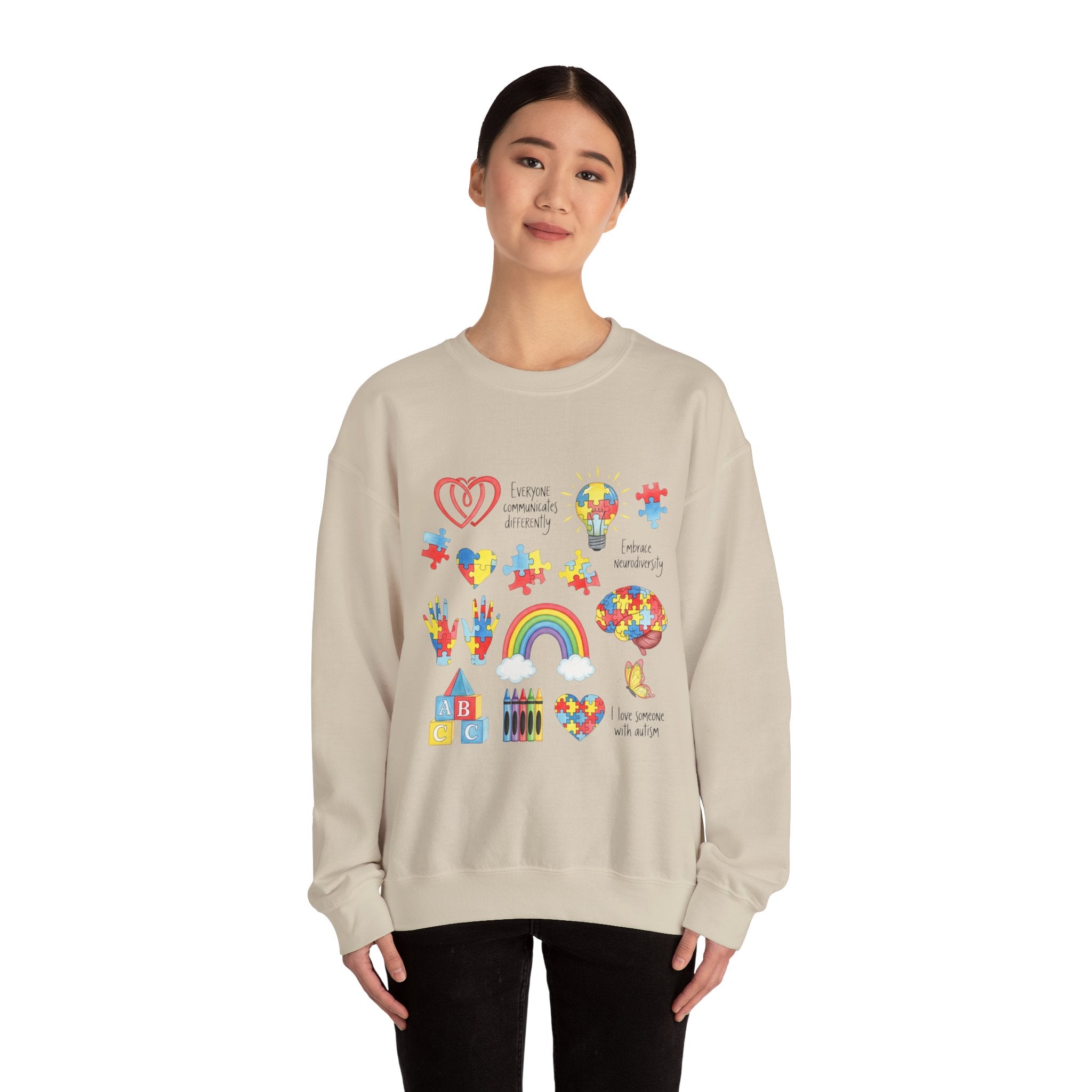 Autism Awareness Crewneck Sweatshirt — Puzzle Heart Rainbow Design