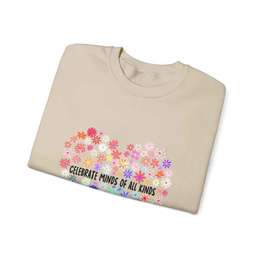 Crewneck Sweatshirt — "Celebrate Minds of All Kinds" Rainbow Floral Heart, Neurodiversity Pride Gift