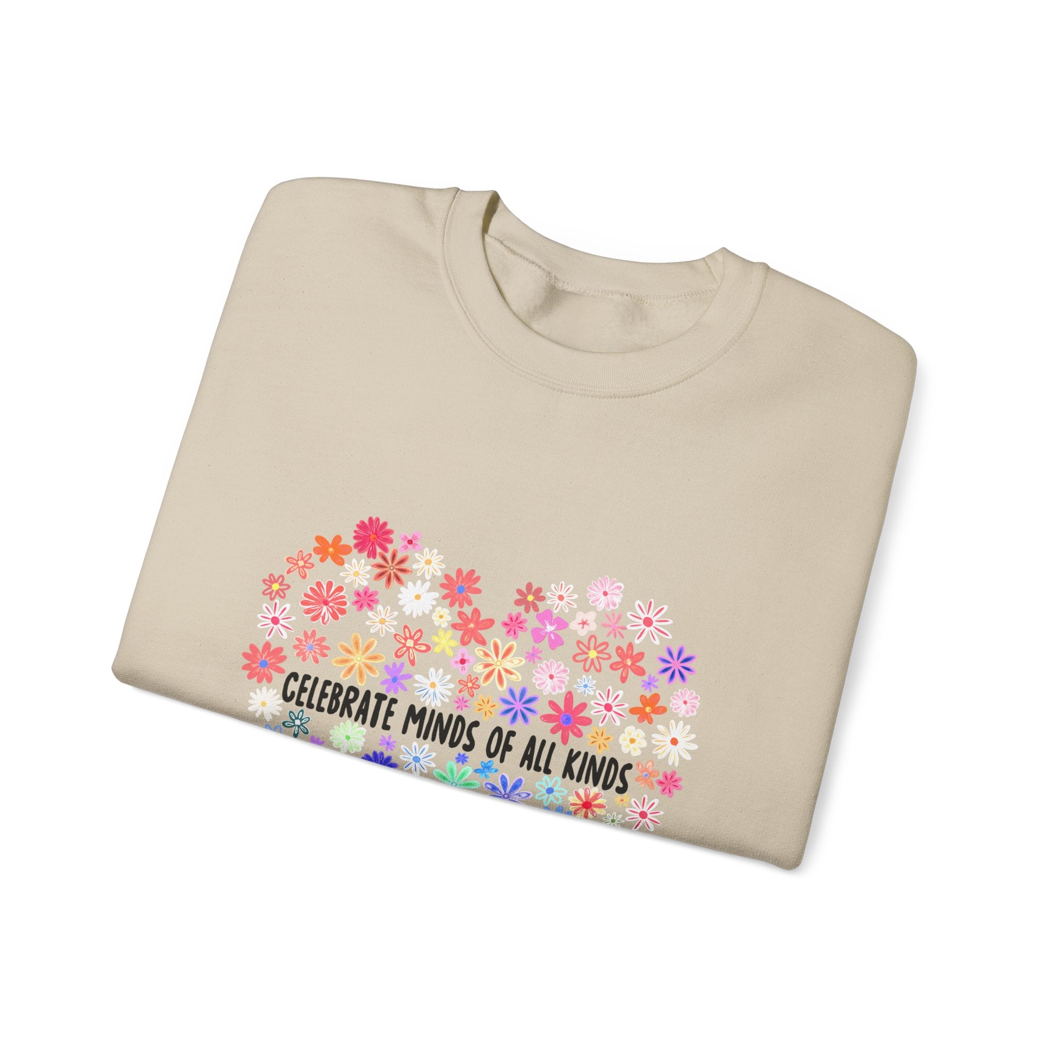 Crewneck Sweatshirt — "Celebrate Minds of All Kinds" Rainbow Floral Heart, Neurodiversity Pride Gift